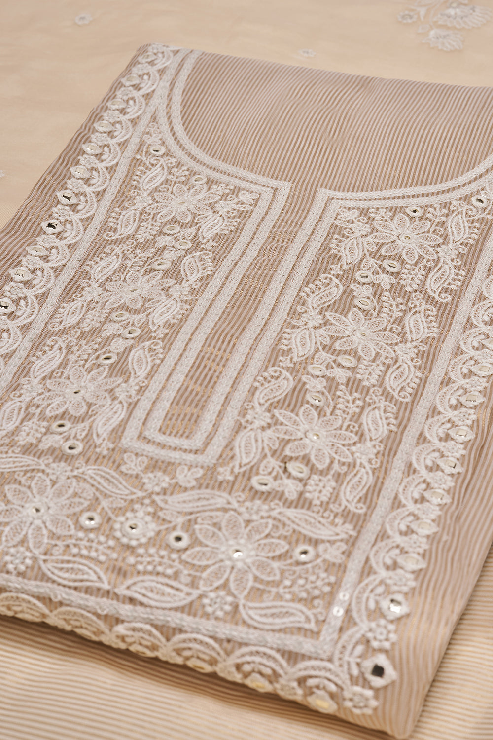 Beige Resham Embroidered Unstitched Suit Set