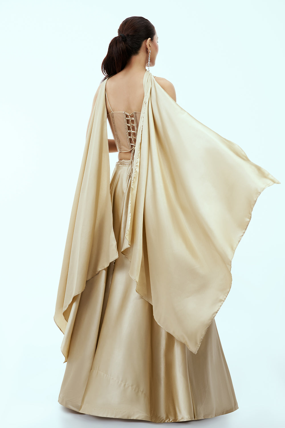Beige Satin Lehenga Set with Hand Embellished Corset Blouse