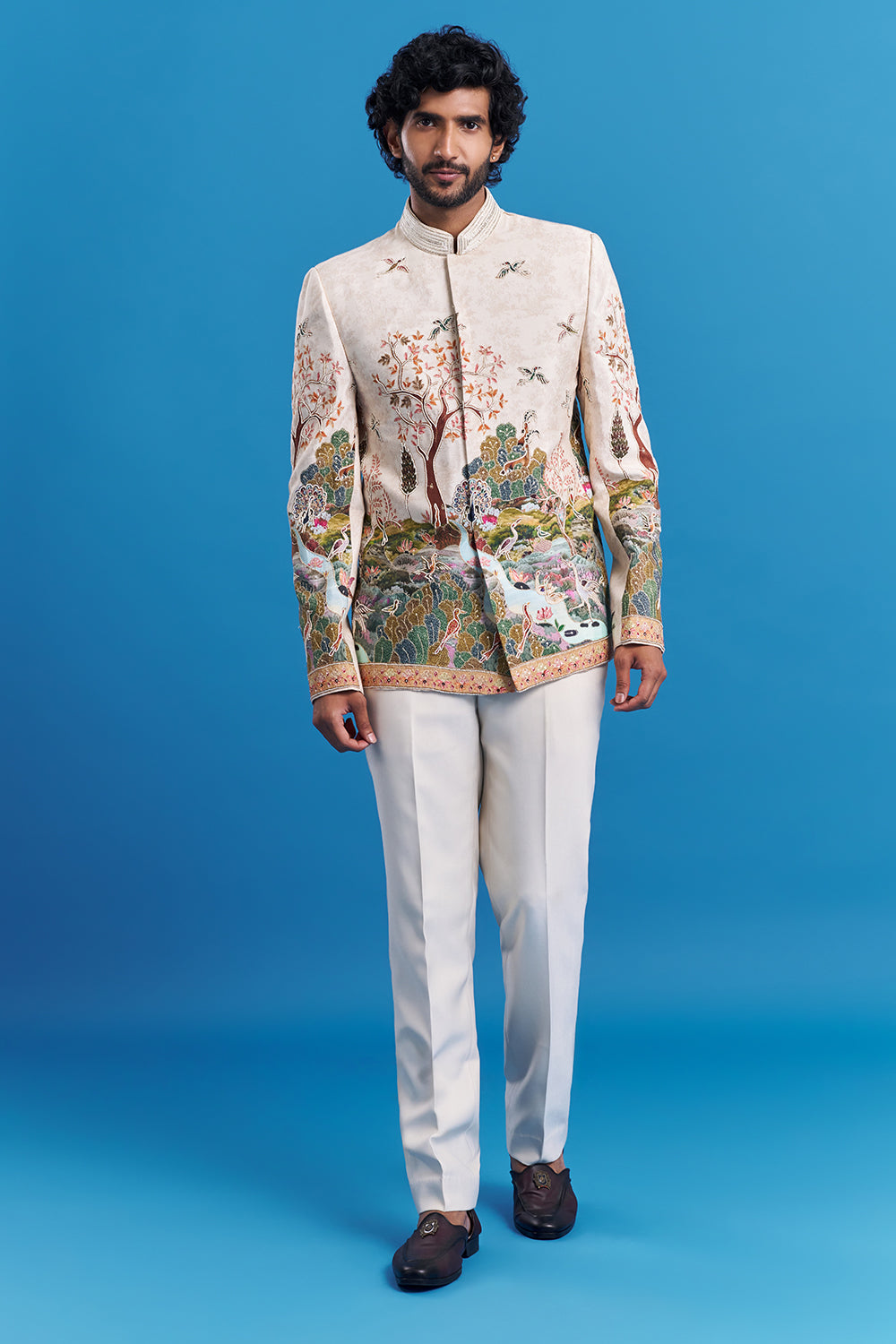 Beige Scenic Embroidered Bandhgala Suit