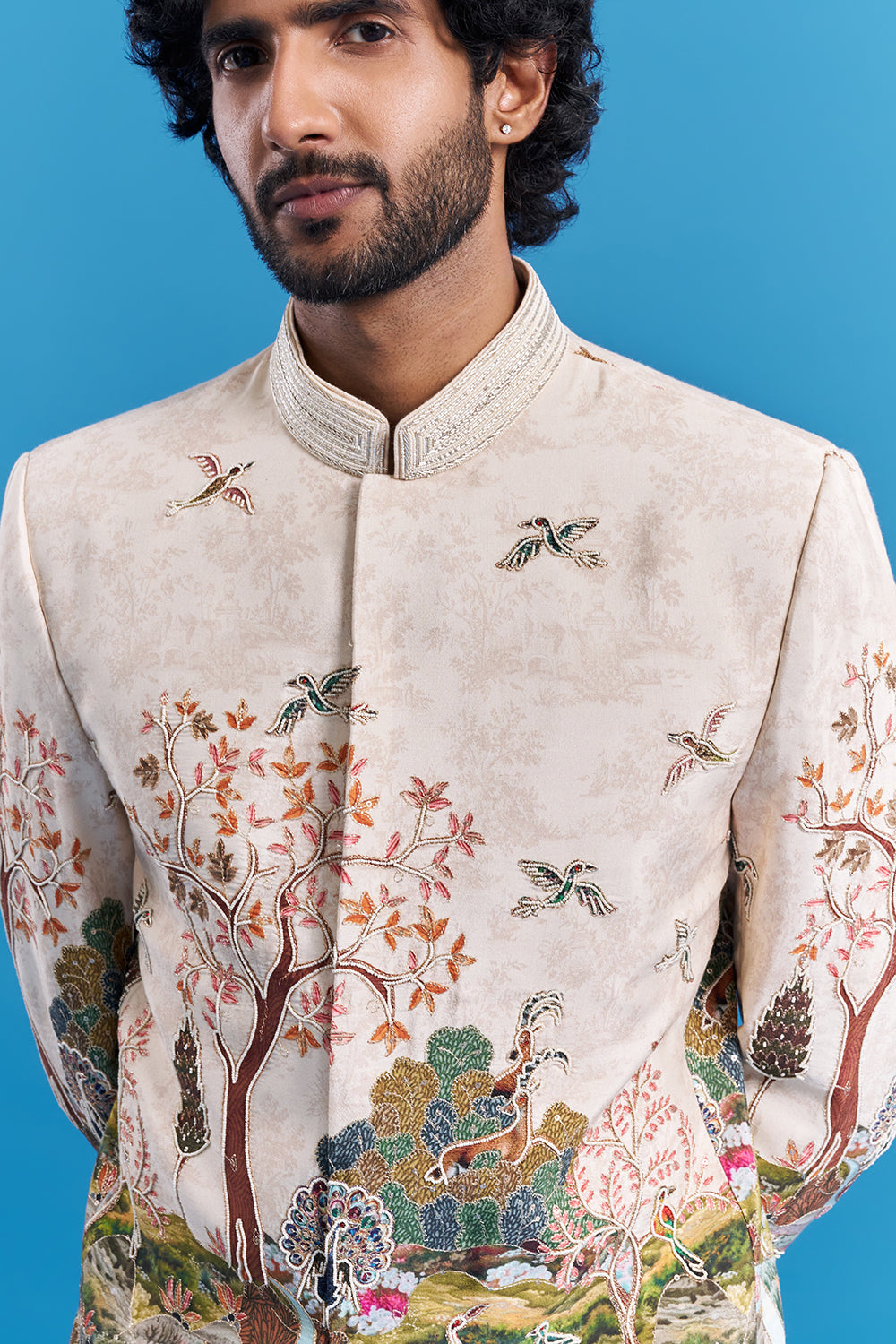 Beige Scenic Embroidered Bandhgala Suit