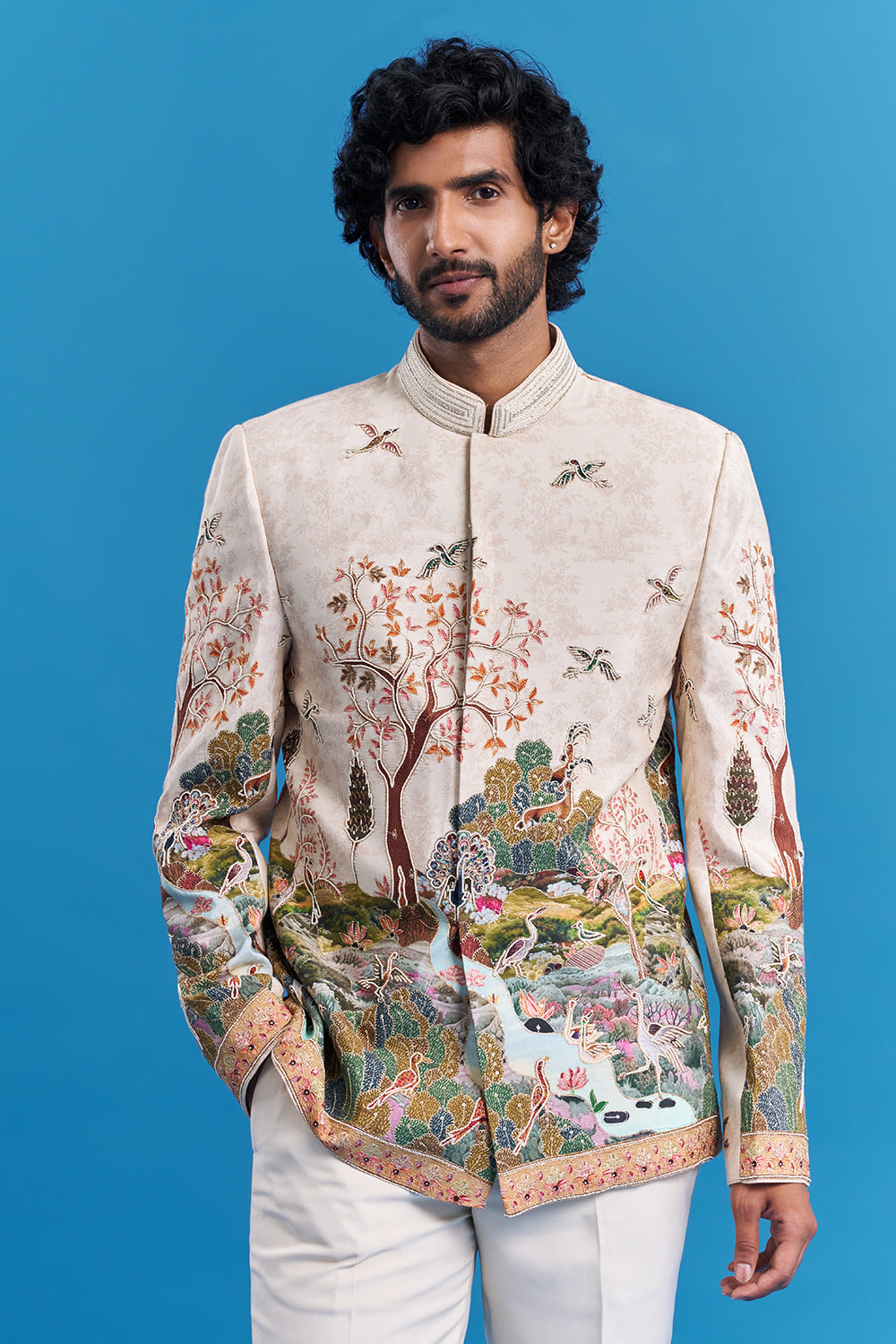 Beige Scenic Embroidered Bandhgala Suit