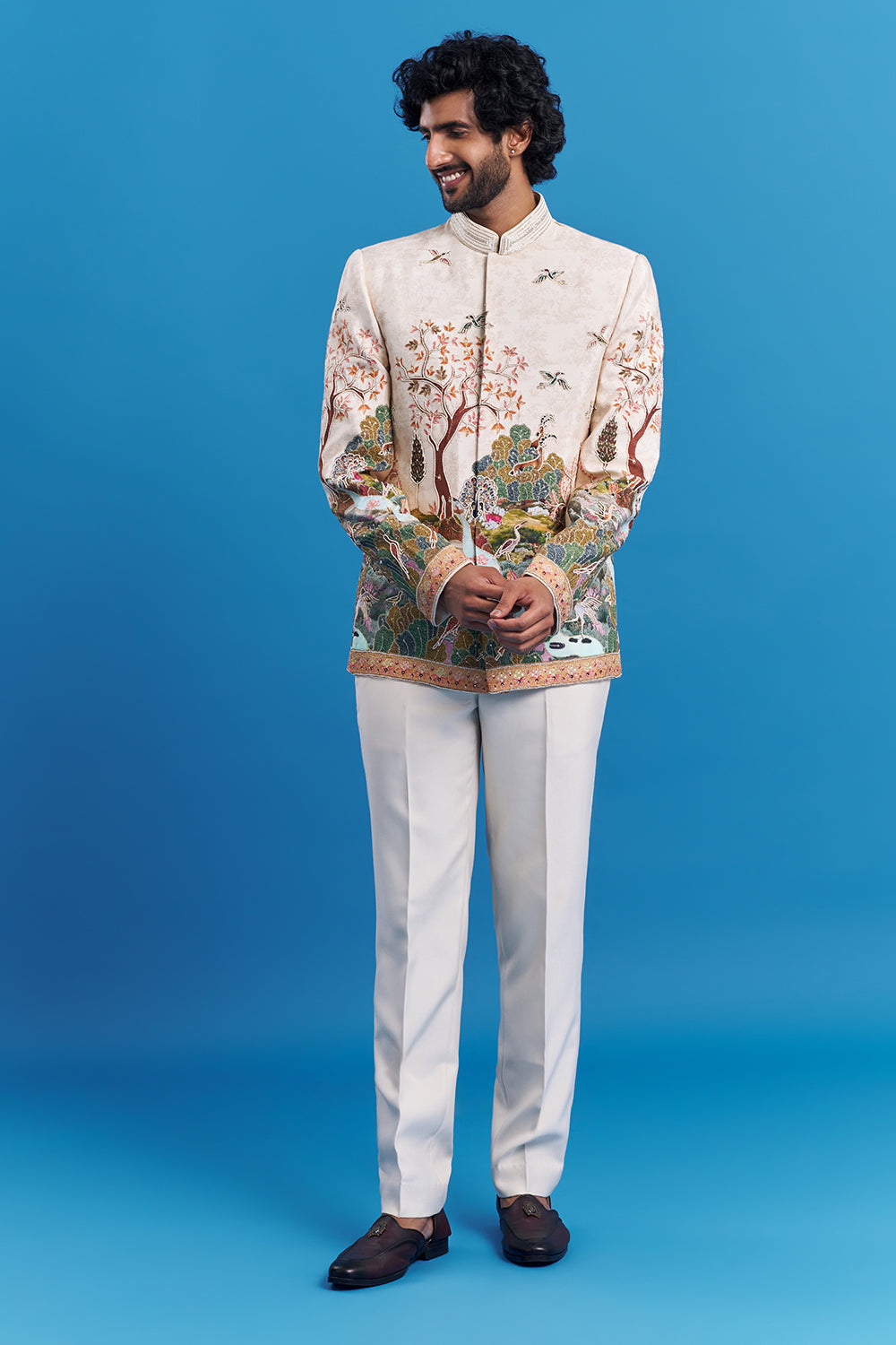 Beige Scenic Embroidered Bandhgala Suit