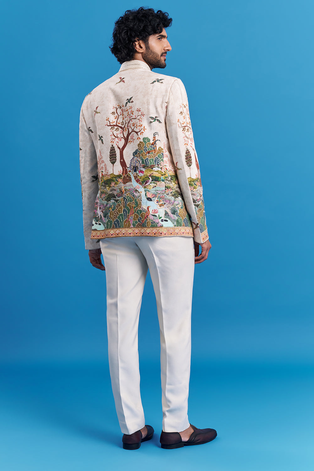 Beige Scenic Embroidered Bandhgala Suit