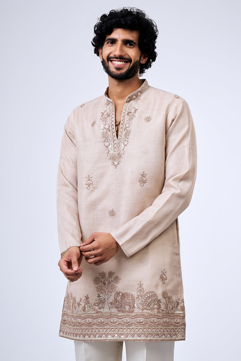 Beige Shimmer Cotton Heritage Border Embellished Kurta Set