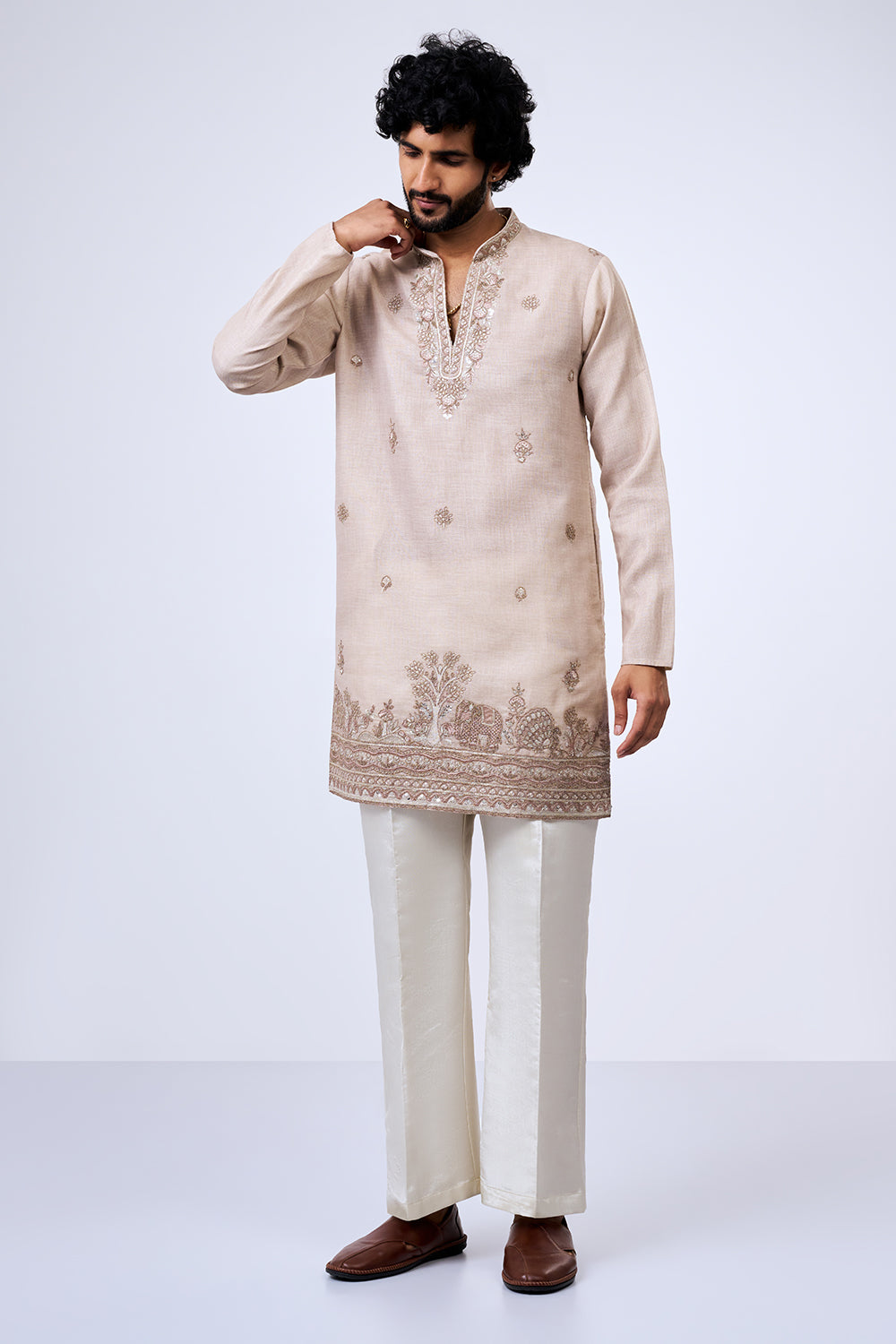 Beige Shimmer Cotton Heritage Border Embellished Kurta Set
