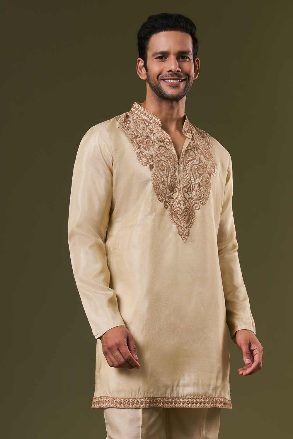 Beige Shimmer Mens Kurta Set with Dori and Sequins Work