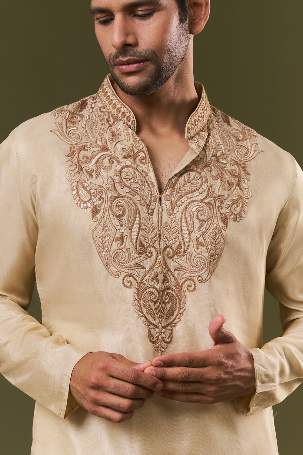Beige Shimmer Mens Kurta Set with Dori and Sequins Work