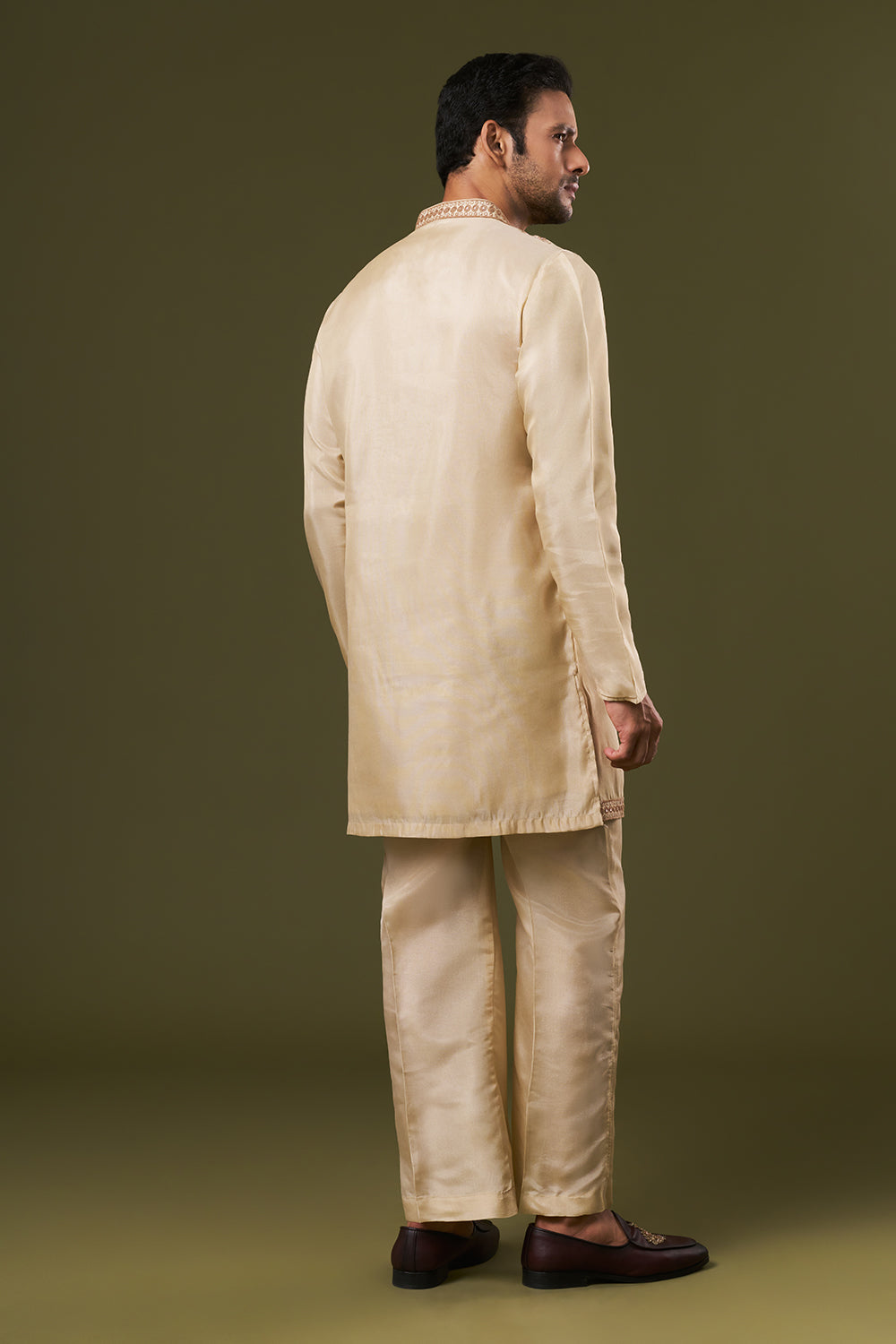 Beige Shimmer Mens Kurta Set with Dori and Sequins Work
