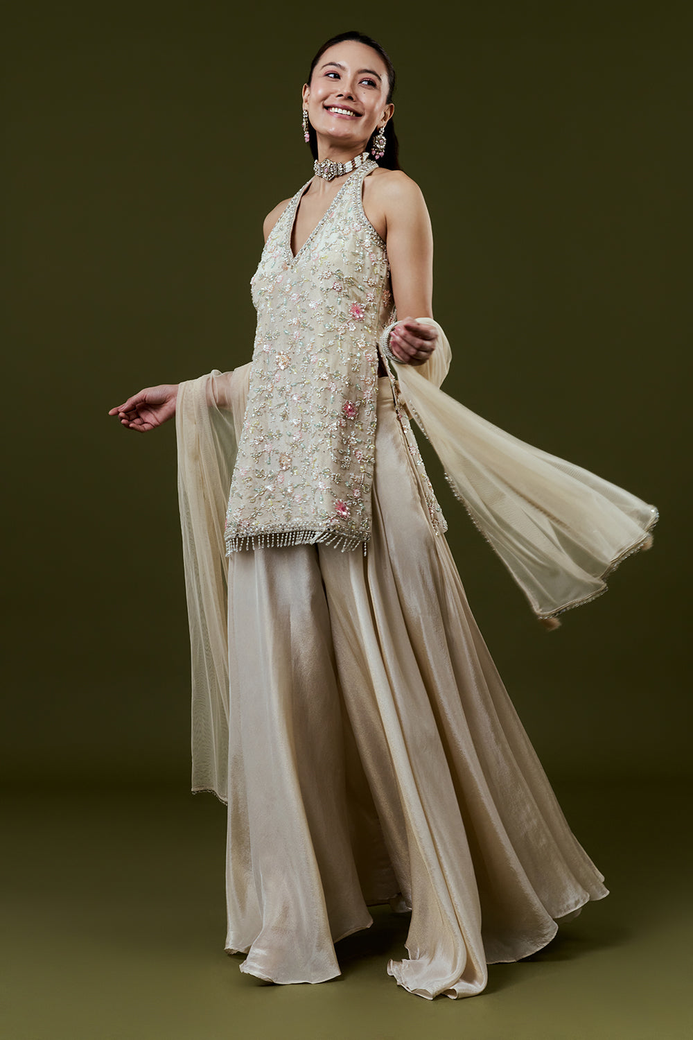 Beige Shimmer Tissue Palazzo Set with Mirror and Sequin Work