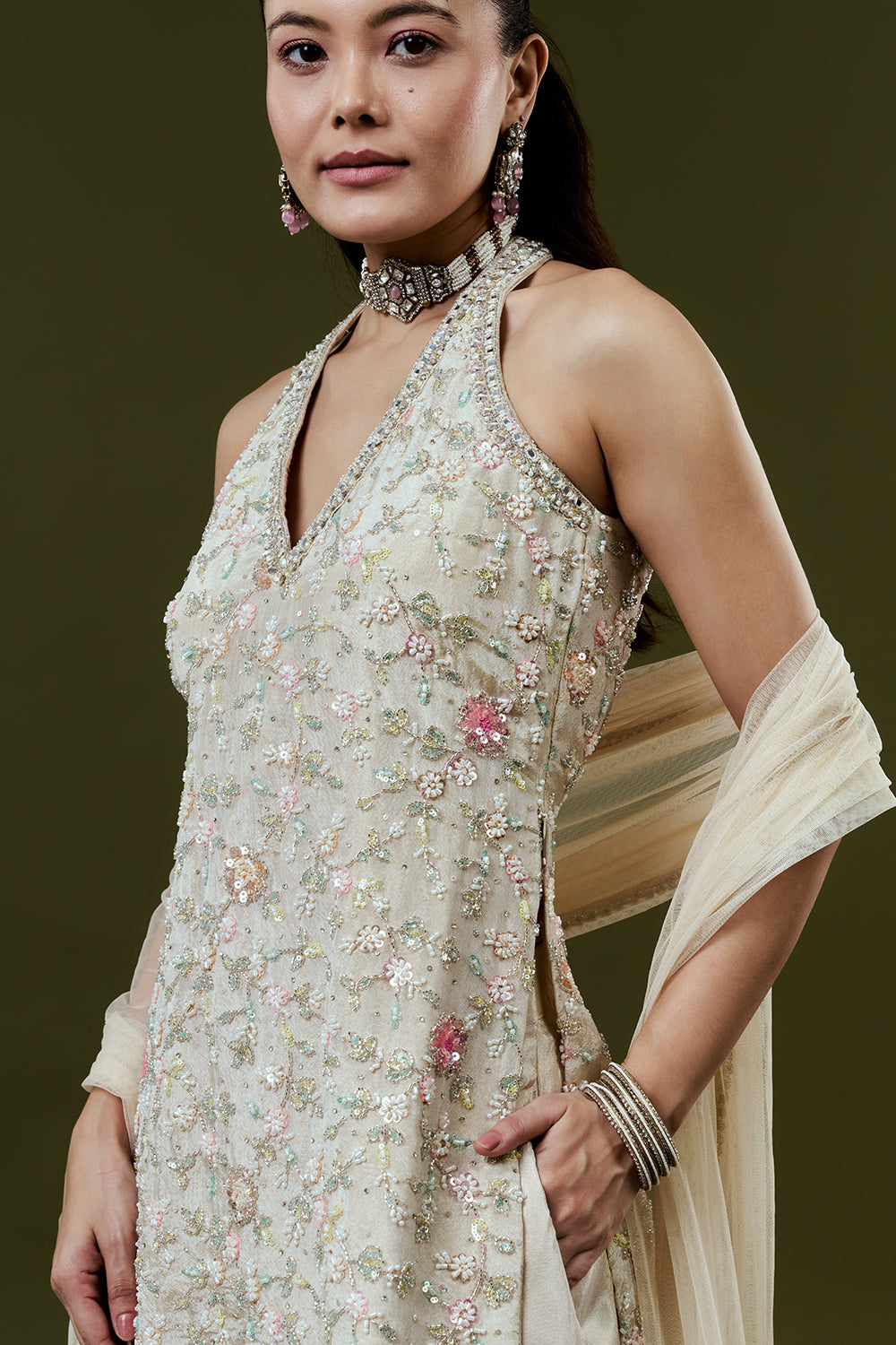 Beige Shimmer Tissue Palazzo Set with Mirror and Sequin Work