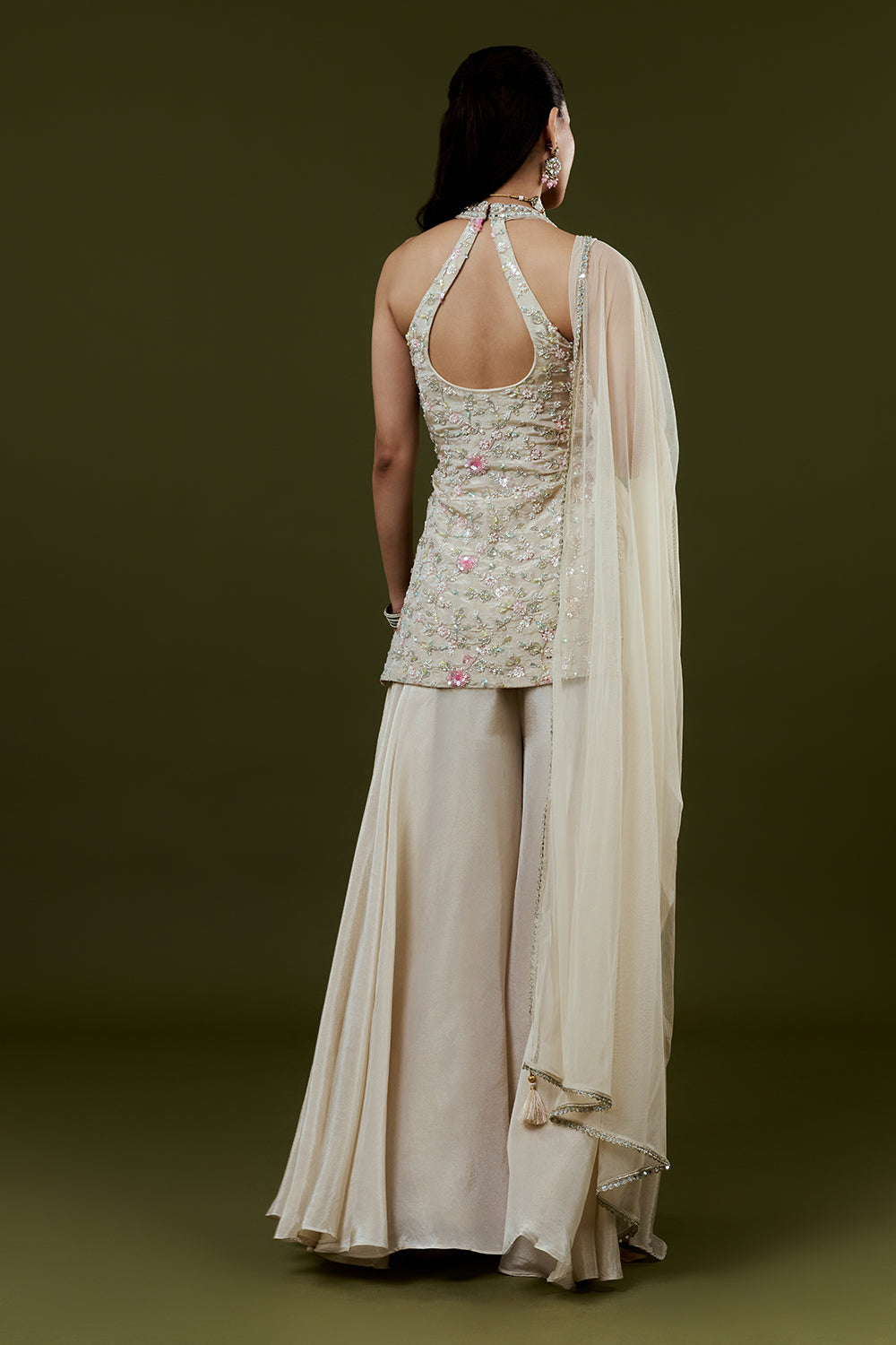 Beige Shimmer Tissue Palazzo Set with Mirror and Sequin Work