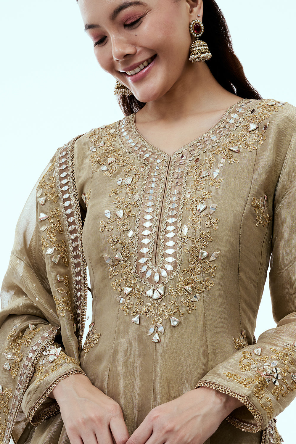 Beige Shimmer Tissue Palazzo Suit with Gota and Mirror Work
