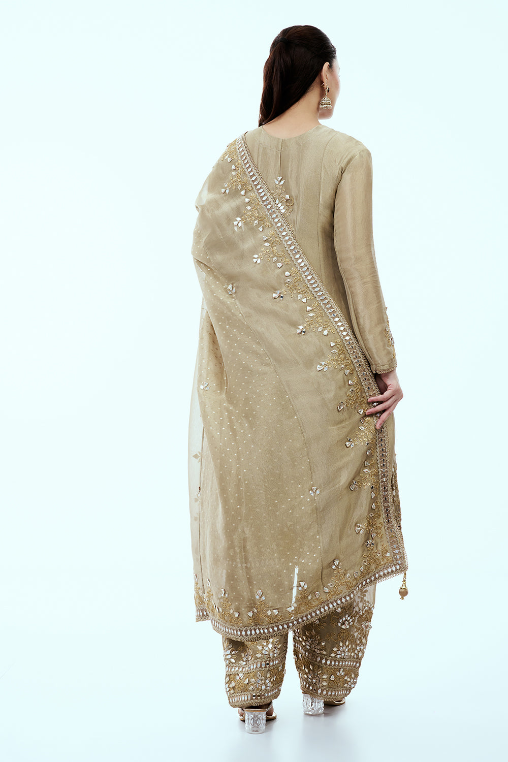 Beige Shimmer Tissue Palazzo Suit with Gota and Mirror Work
