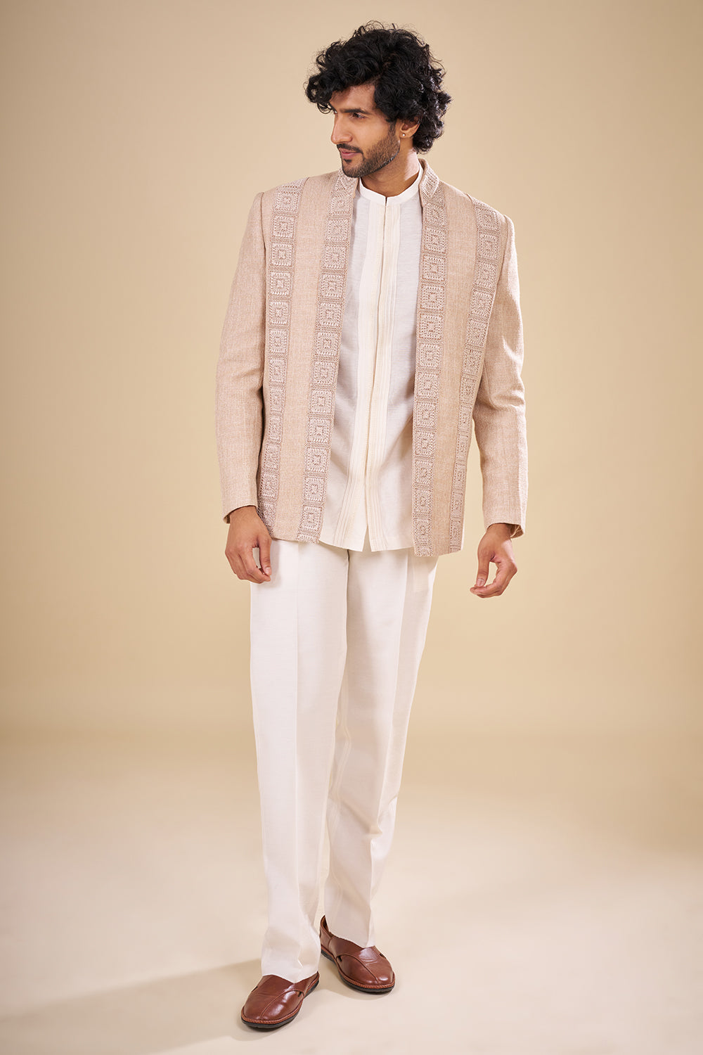 Beige Silk Jacket Set with Thread Work