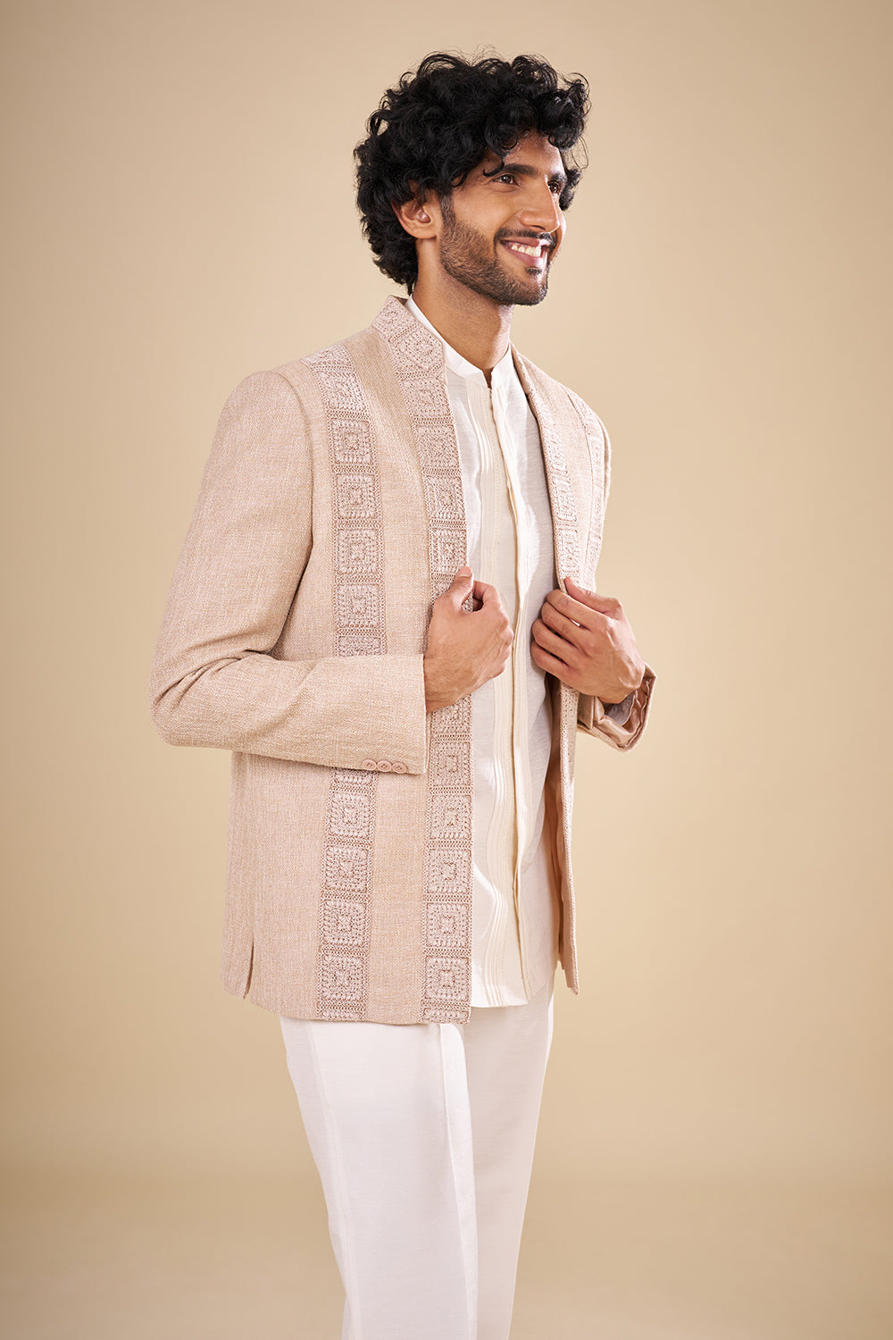 Beige Silk Jacket Set with Thread Work