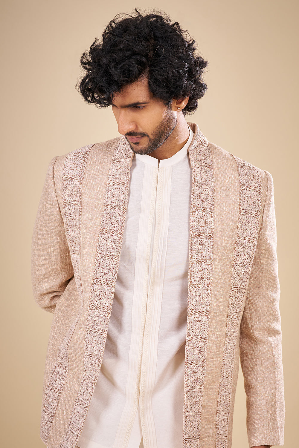 Beige Silk Jacket Set with Thread Work