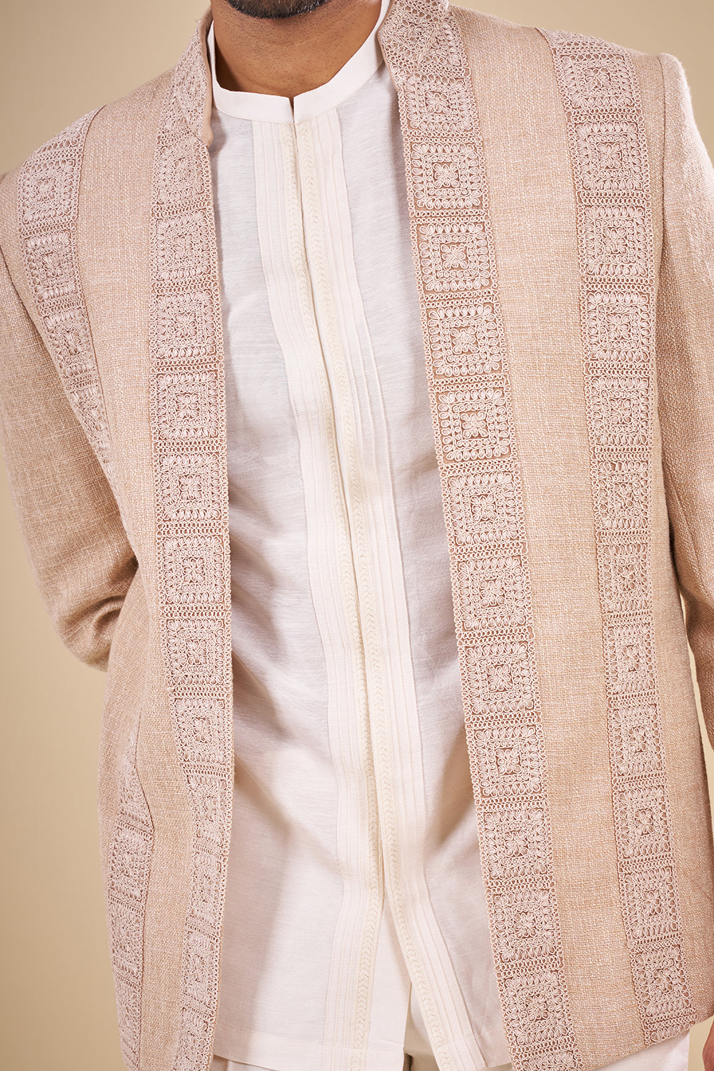 Beige Silk Jacket Set with Thread Work