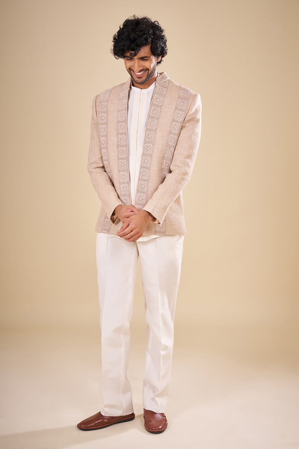 Beige Silk Jacket Set with Thread Work