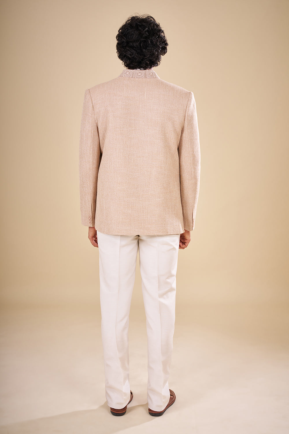Beige Silk Jacket Set with Thread Work