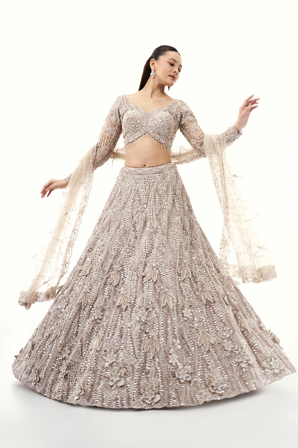 Beige Silver Lehenga with Sequins and 3D Flower Embroidery