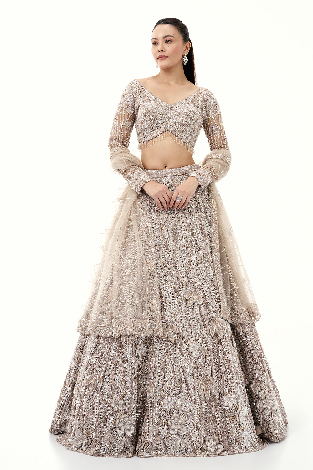 Beige Silver Lehenga with Sequins and 3D Flower Embroidery