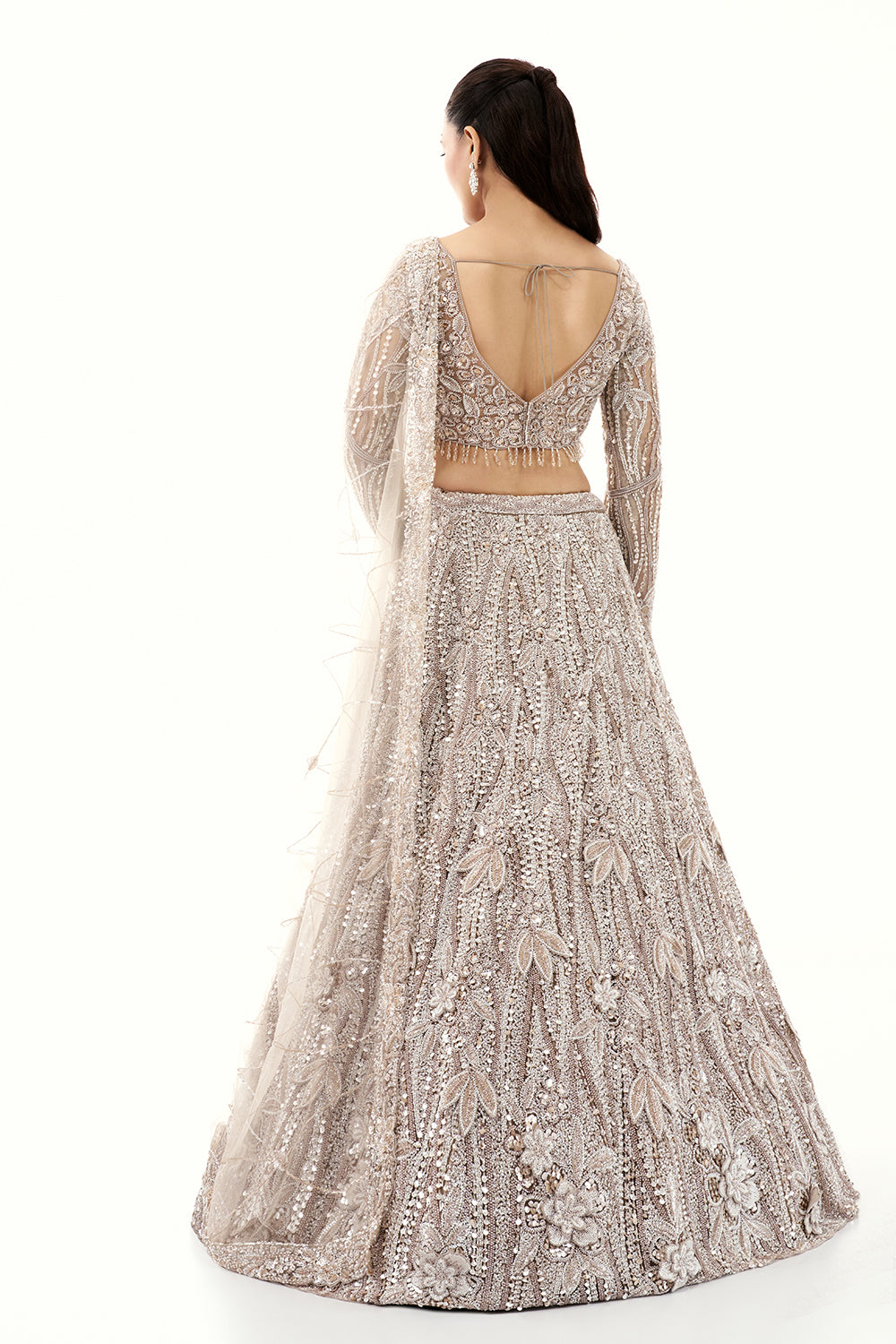 Beige Silver Lehenga with Sequins and 3D Flower Embroidery