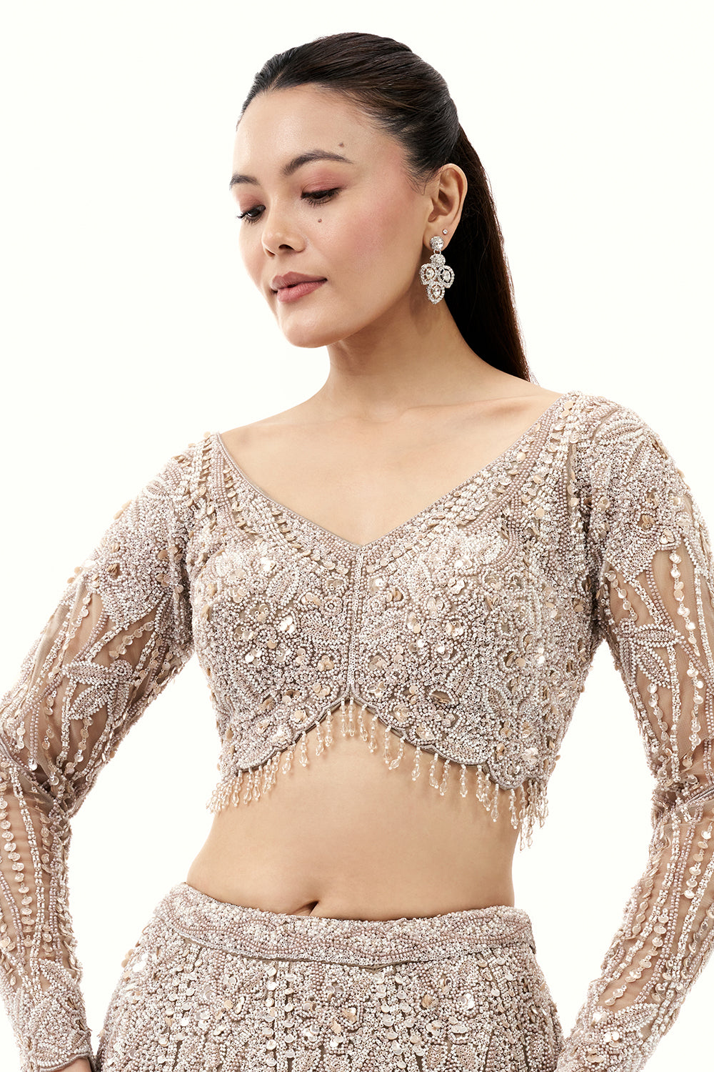 Beige Silver Lehenga with Sequins and 3D Flower Embroidery
