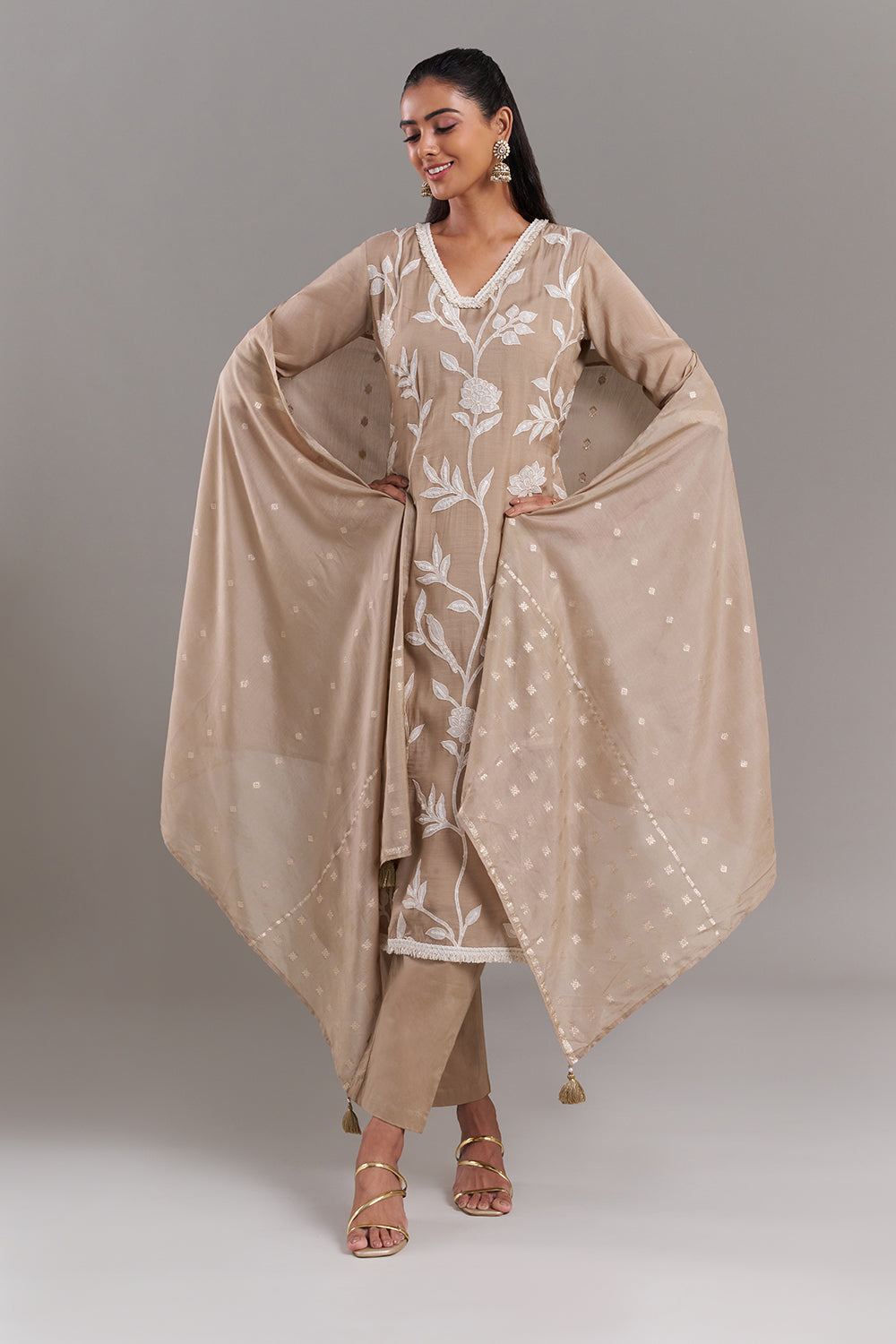 Beige Tissue Applique Kurta Set