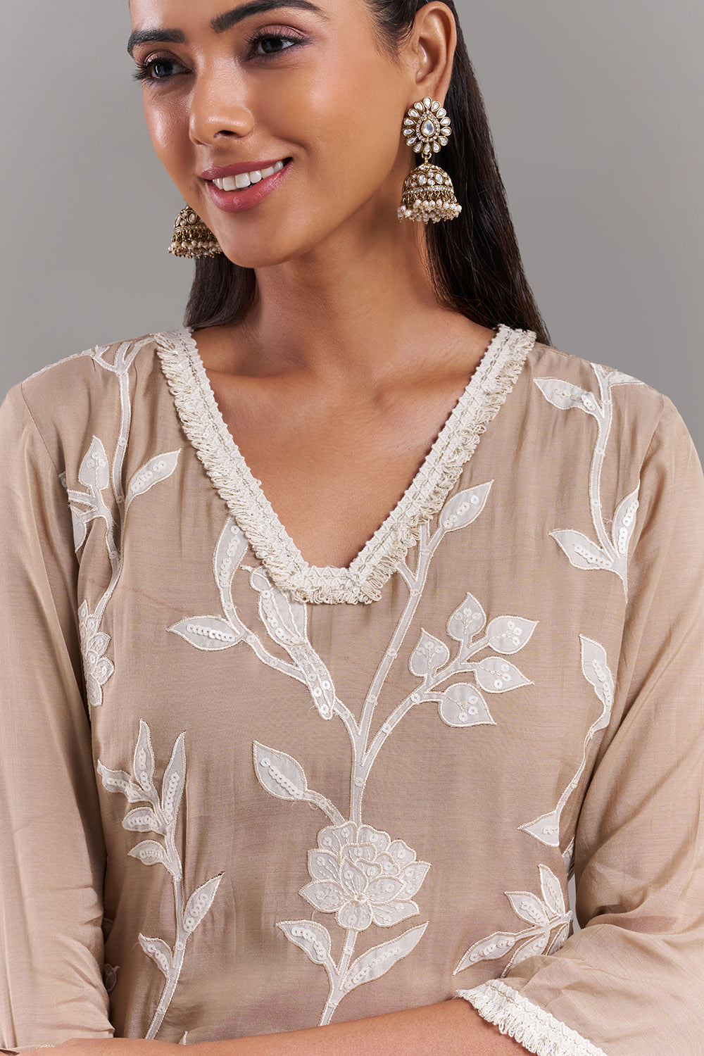 Beige Tissue Applique Kurta Set