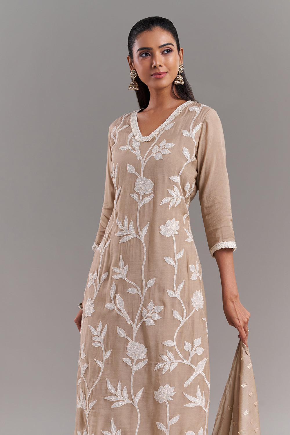 Beige Tissue Applique Kurta Set