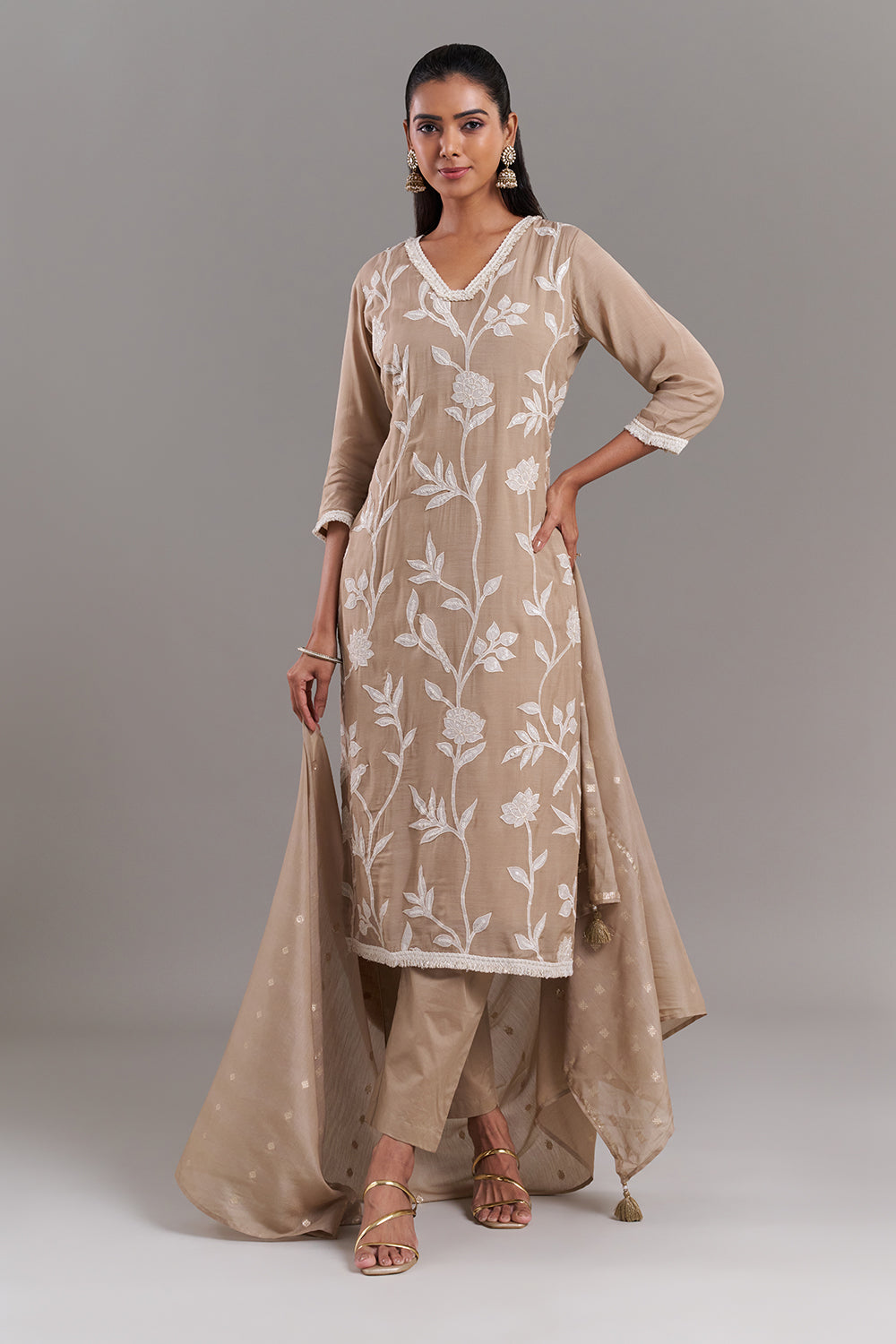 Beige Tissue Applique Kurta Set
