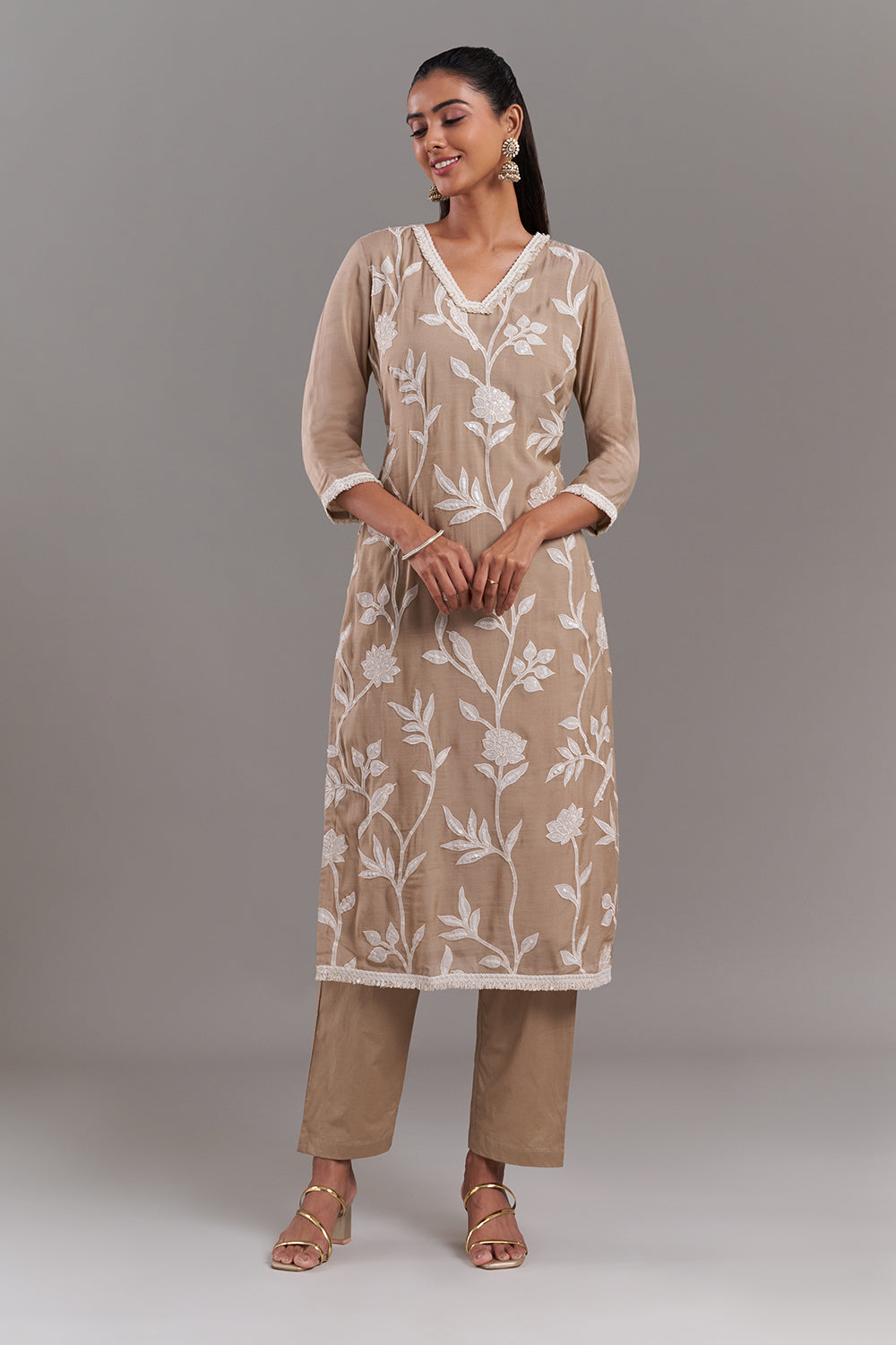 Beige Tissue Applique Kurta Set