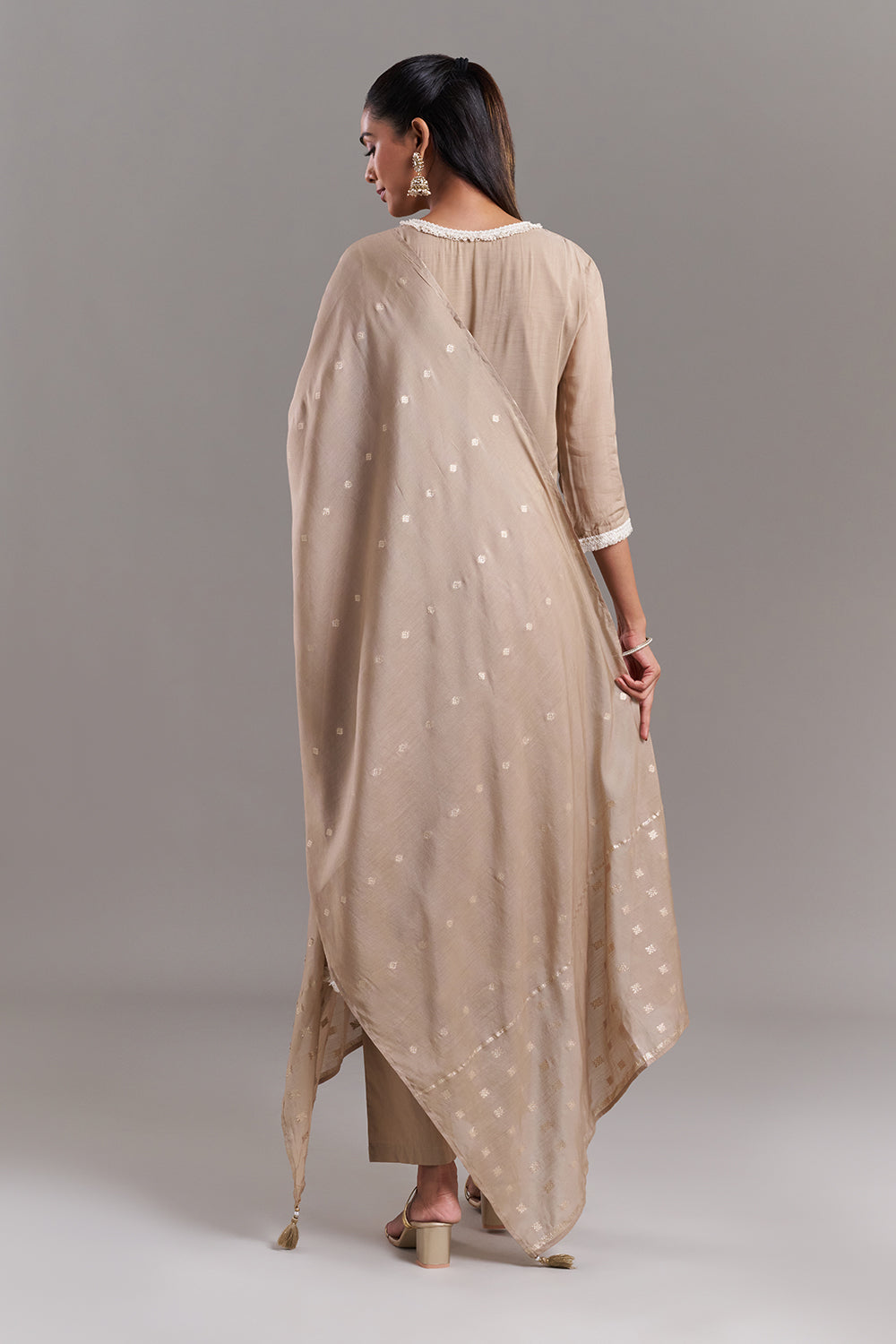 Beige Tissue Applique Kurta Set