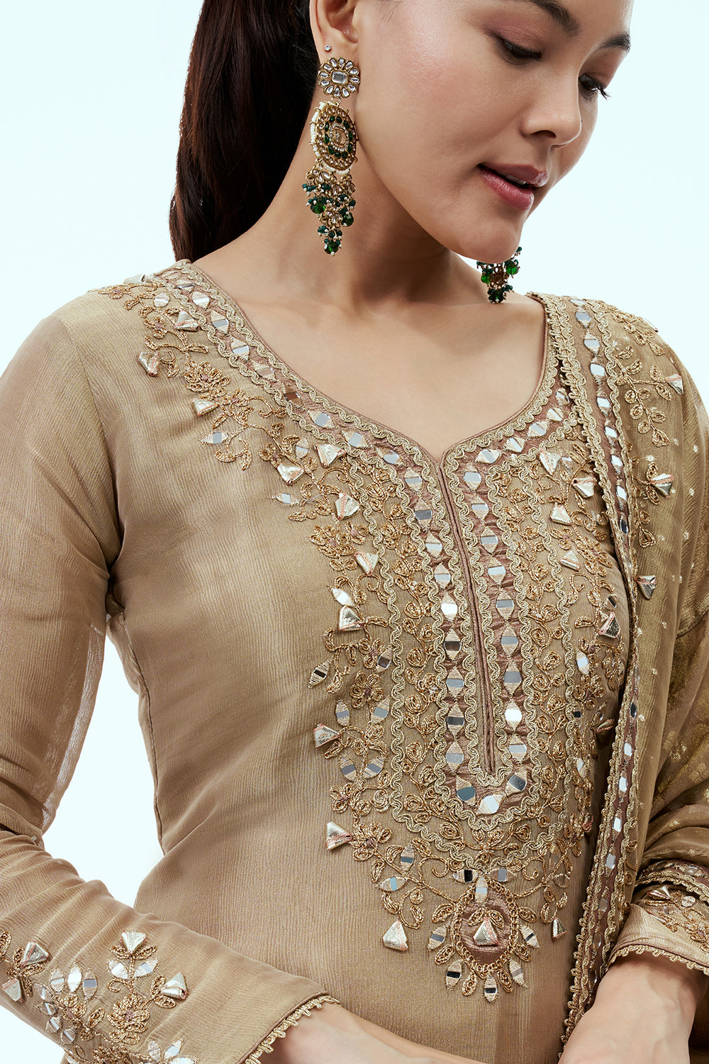 Beige Tissue Palazzo Suit with Mirror Work