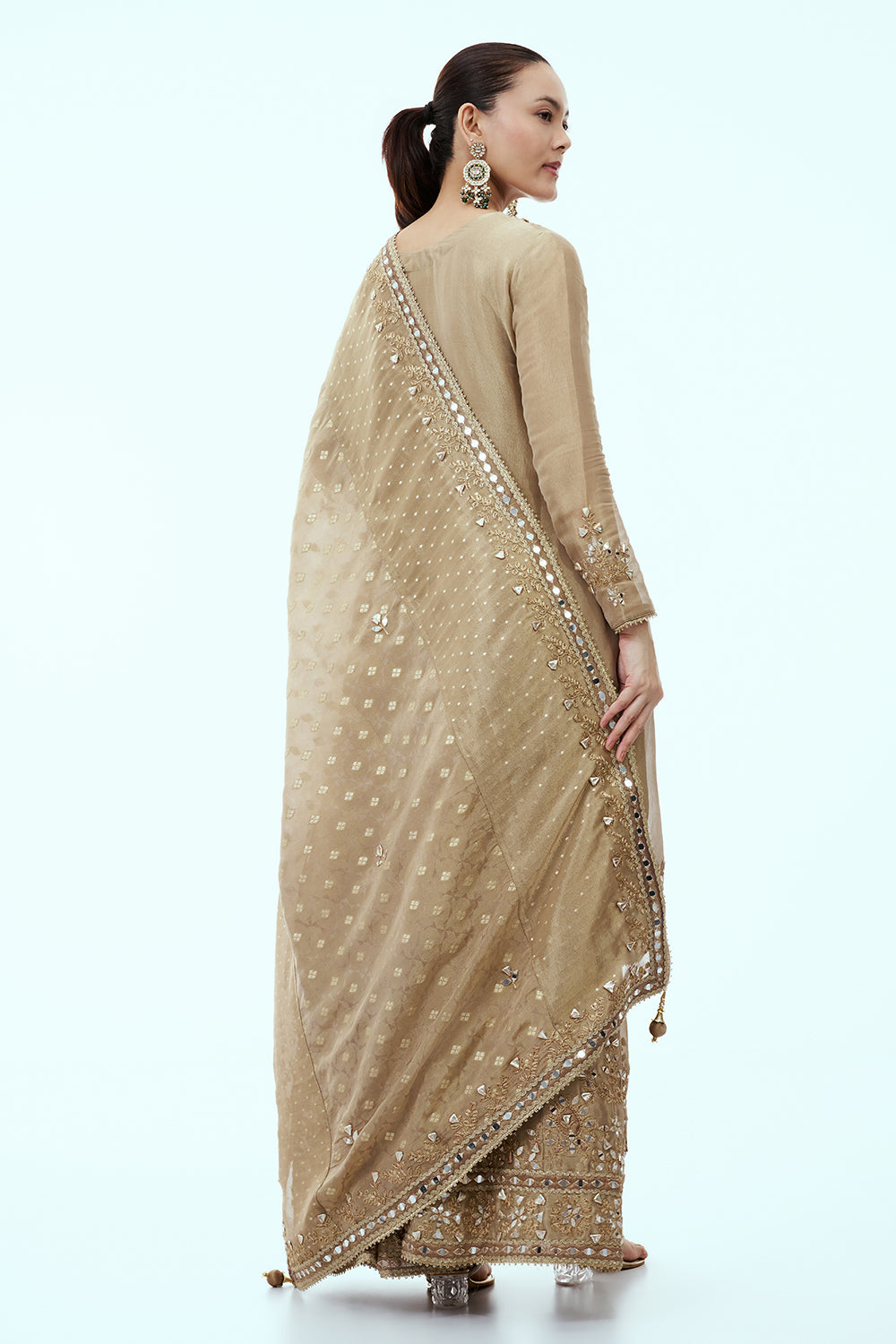 Beige Tissue Palazzo Suit with Mirror Work