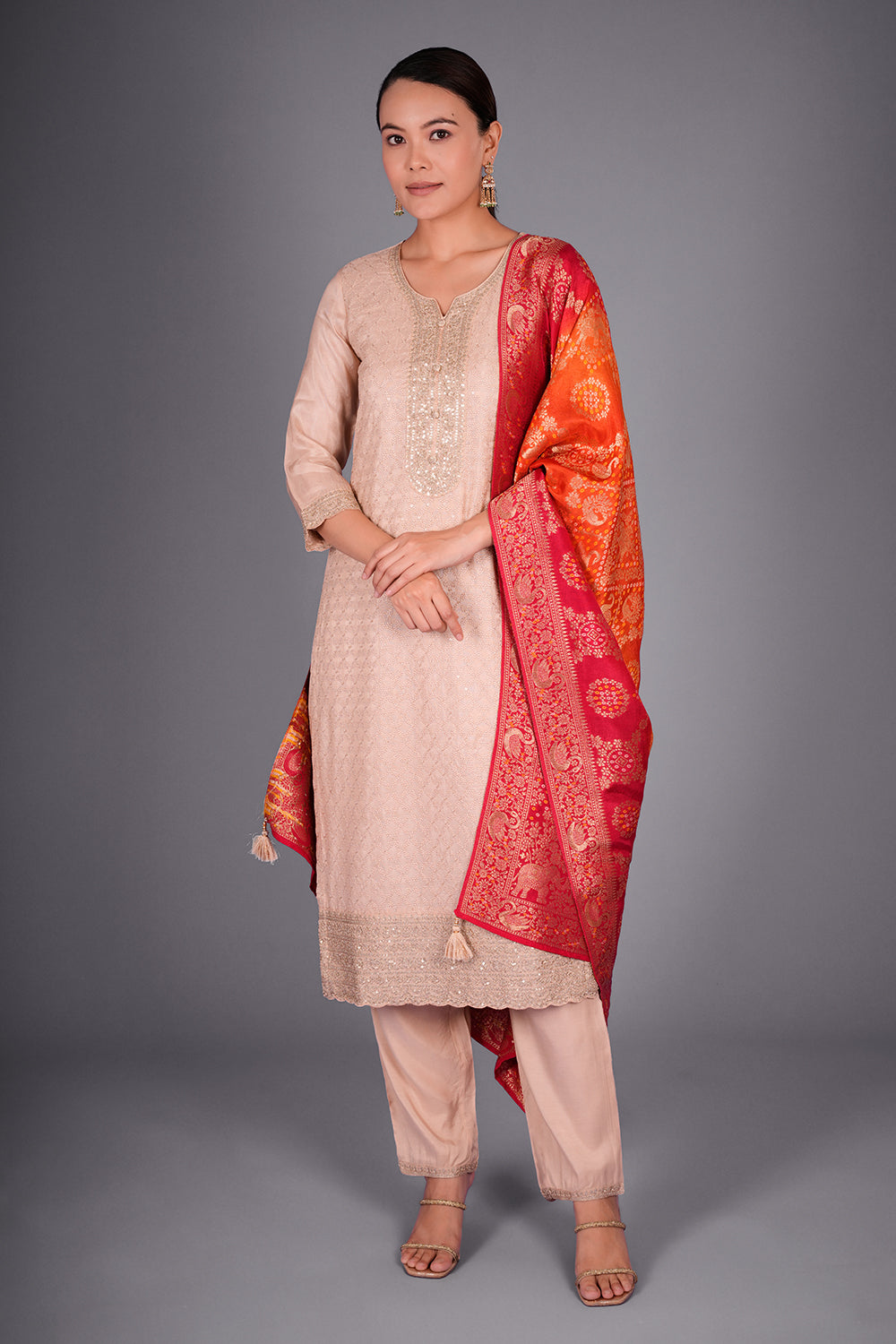 Biscuit Cream Pure Silk Kurta Set with Resham Embroidery