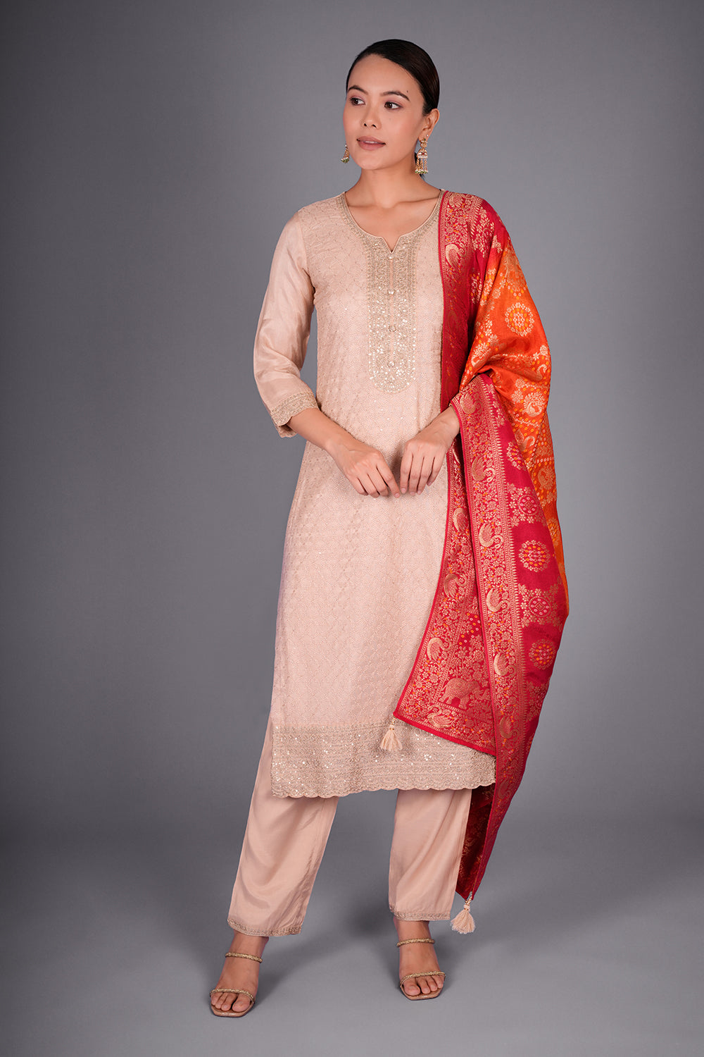 Biscuit Cream Pure Silk Kurta Set with Resham Embroidery