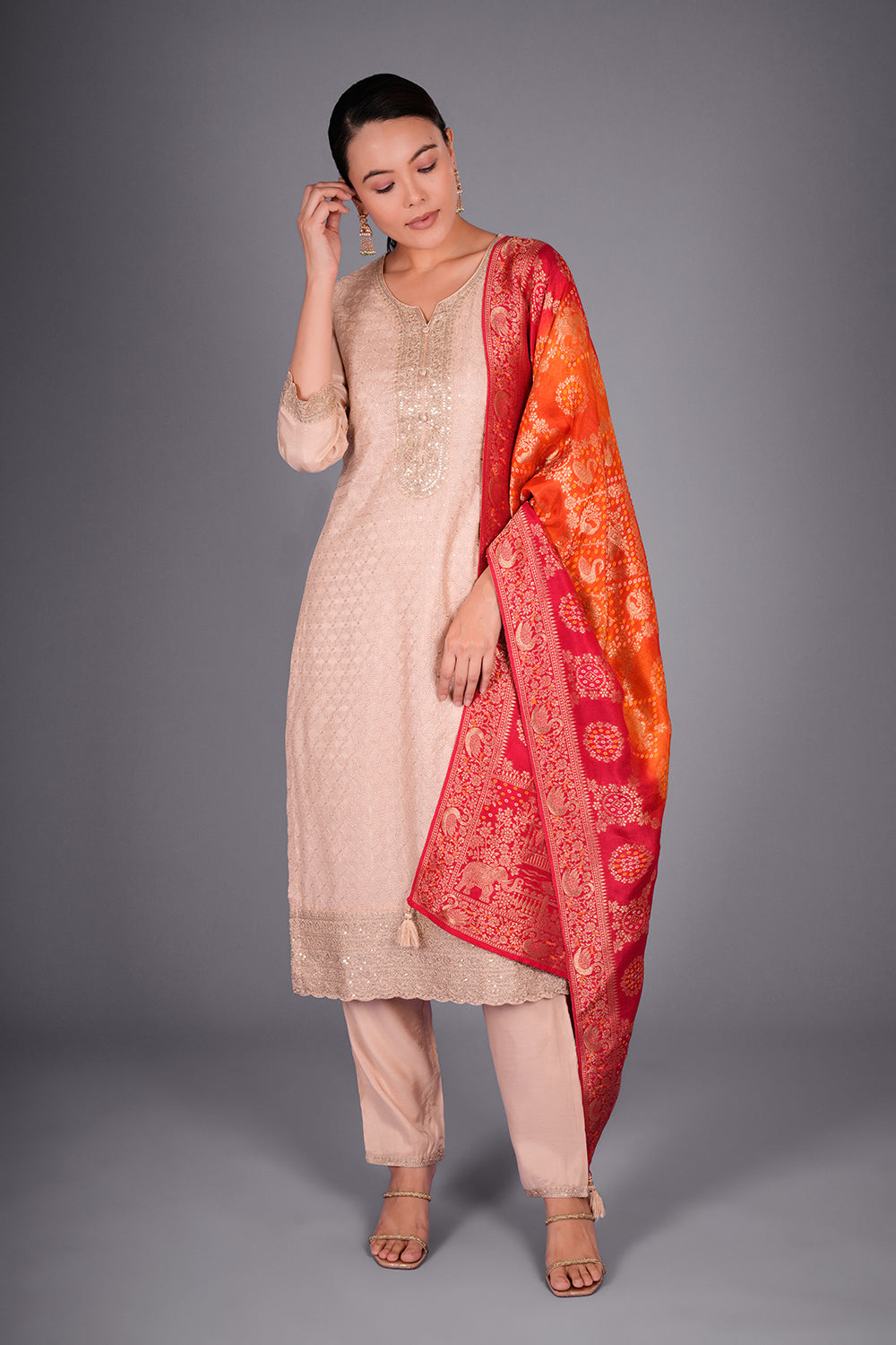 Biscuit Cream Pure Silk Kurta Set with Resham Embroidery