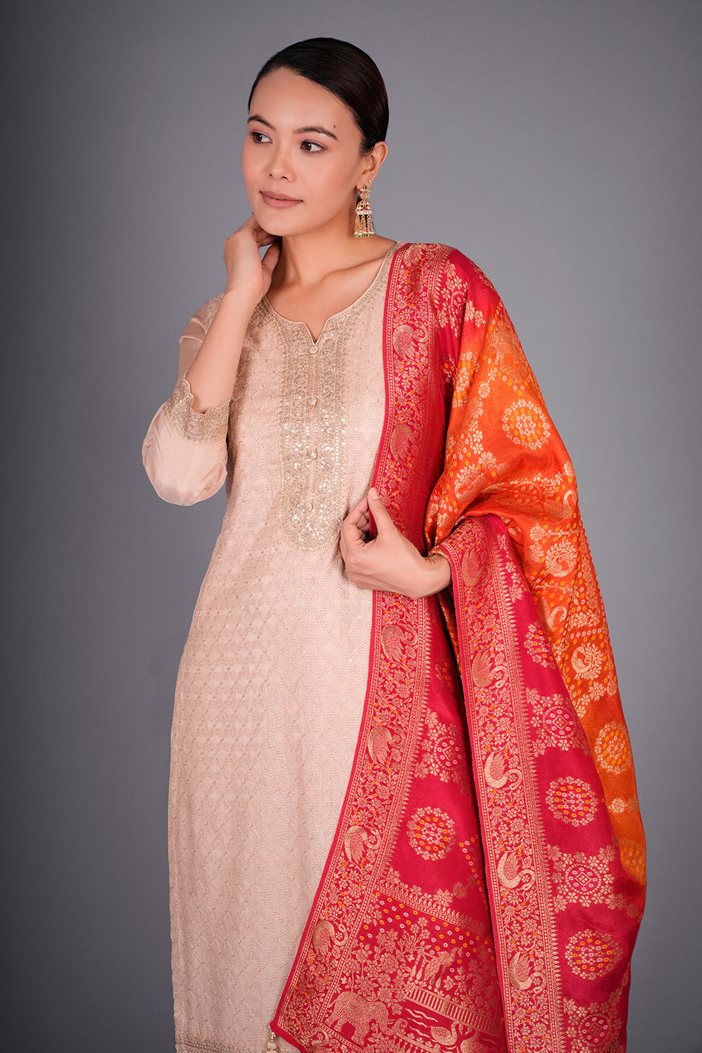 Biscuit Cream Pure Silk Kurta Set with Resham Embroidery