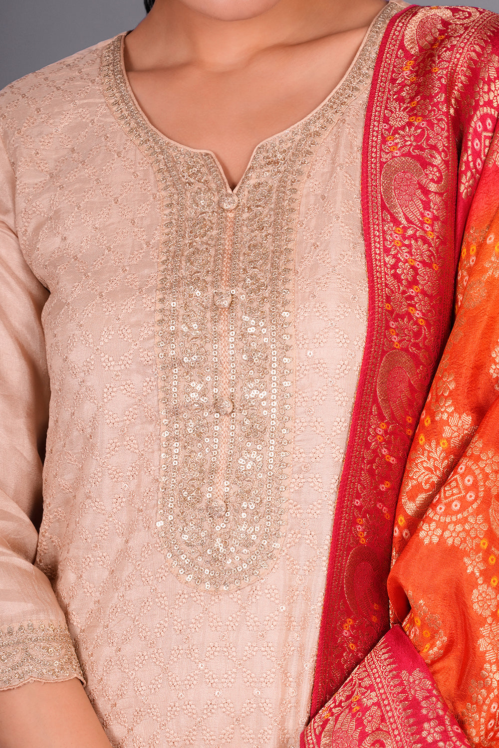 Biscuit Cream Pure Silk Kurta Set with Resham Embroidery