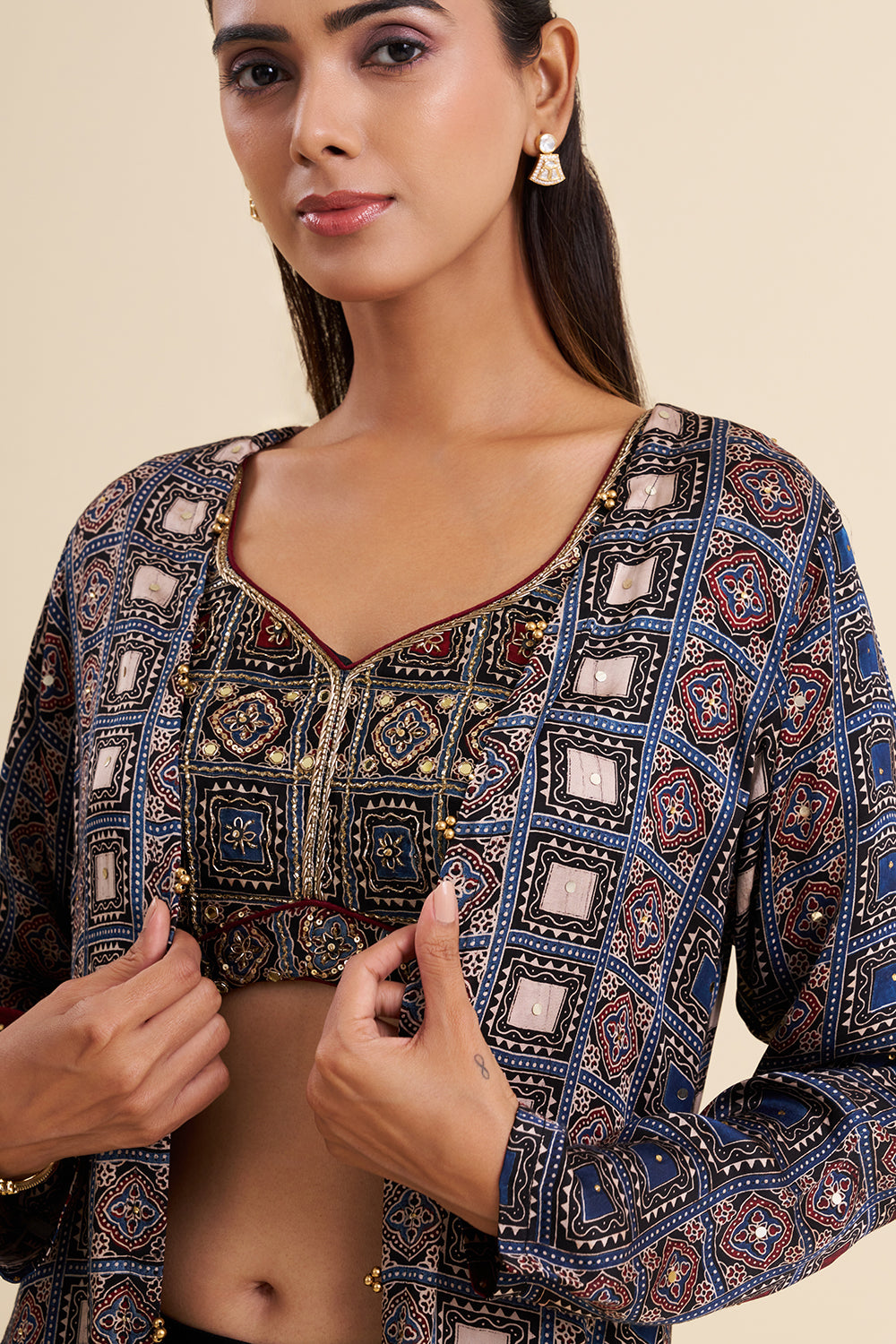 Black and Blue Satin Modal Fusion Set with Ajrakh Work