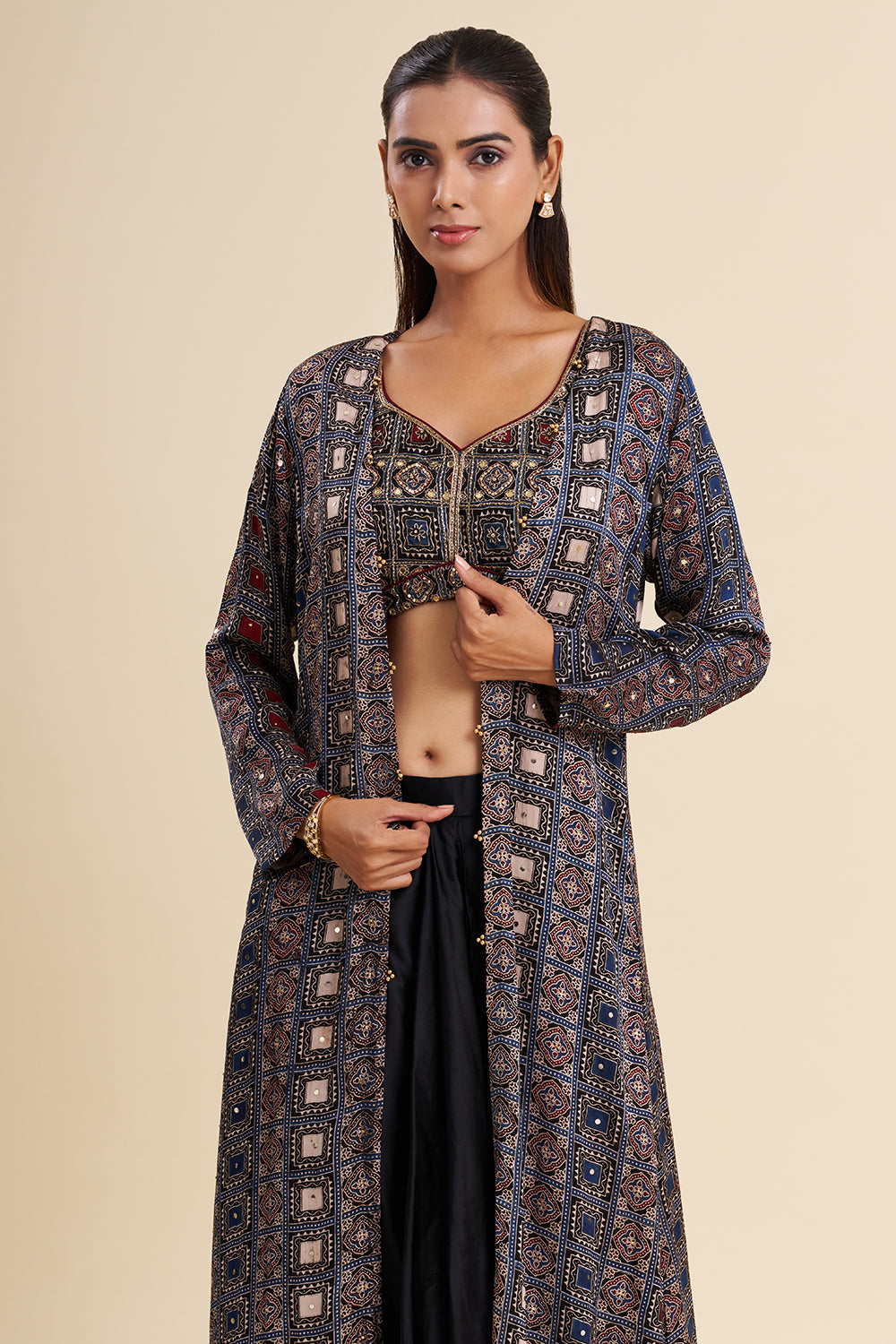 Black and Blue Satin Modal Fusion Set with Ajrakh Work
