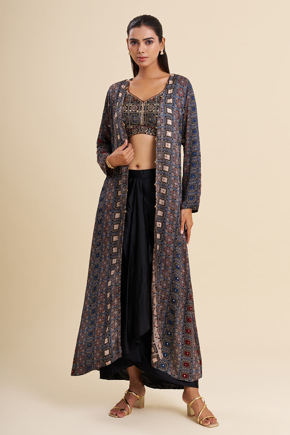 Black and Blue Satin Modal Fusion Set with Ajrakh Work