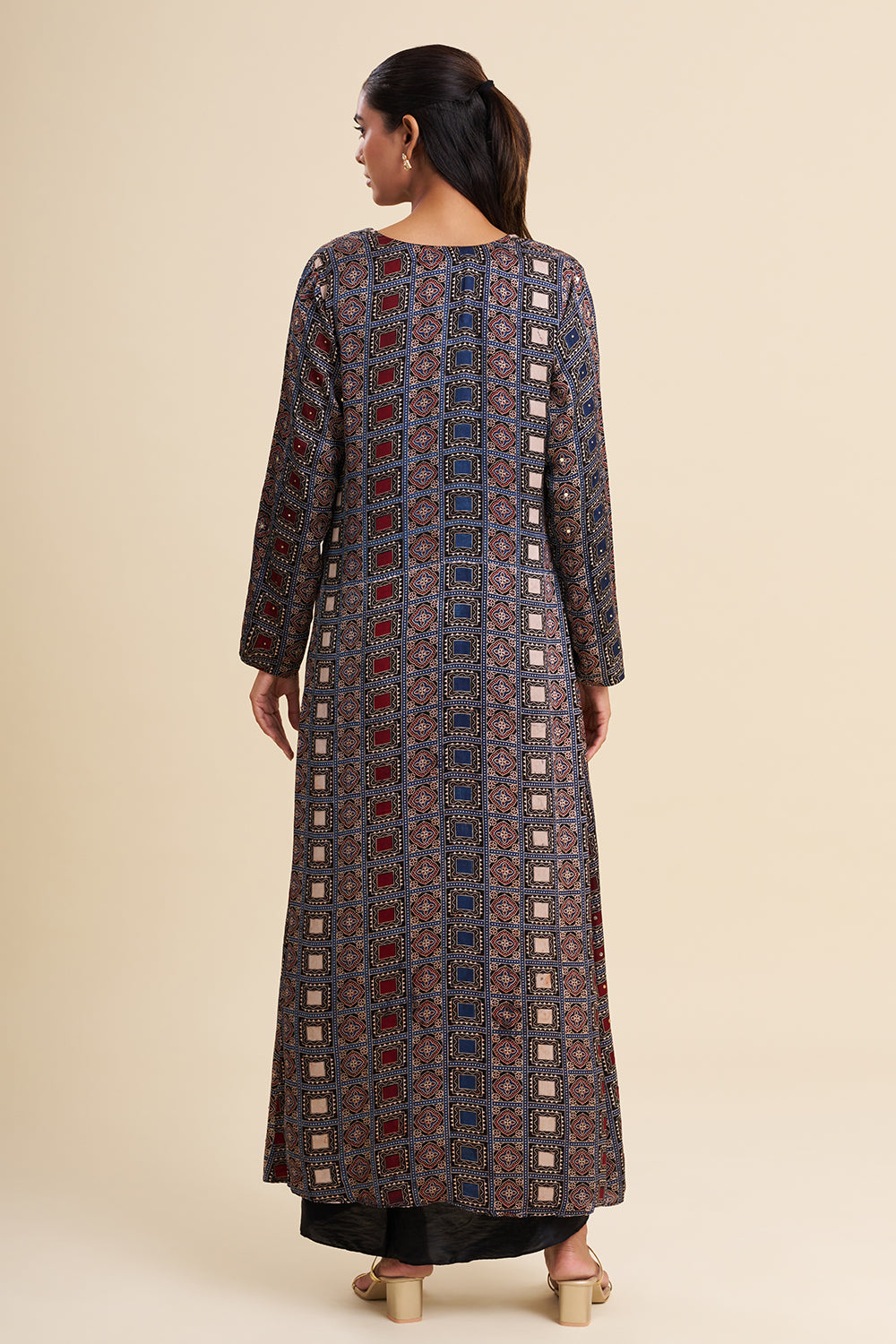 Black and Blue Satin Modal Fusion Set with Ajrakh Work