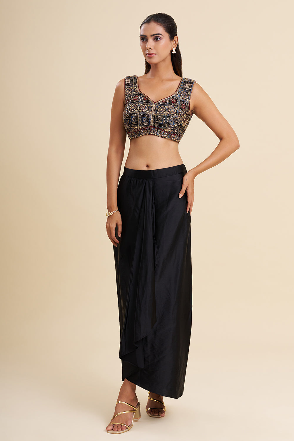 Black and Blue Satin Modal Fusion Set with Ajrakh Work