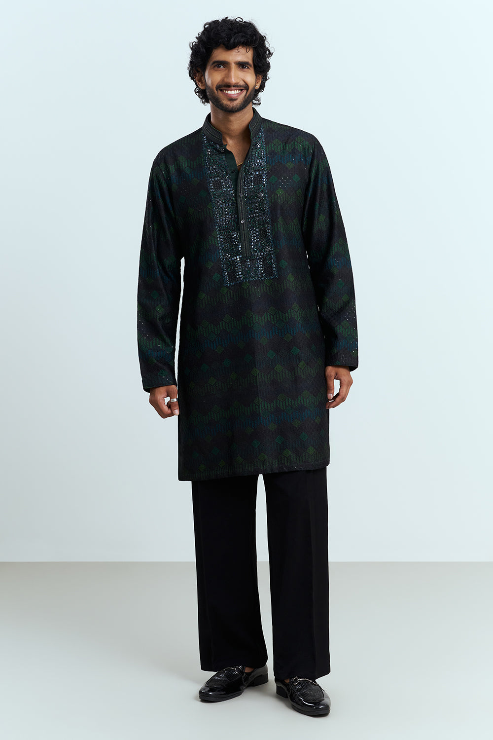 Black And Emerald Embroidered Men's Kurta Set