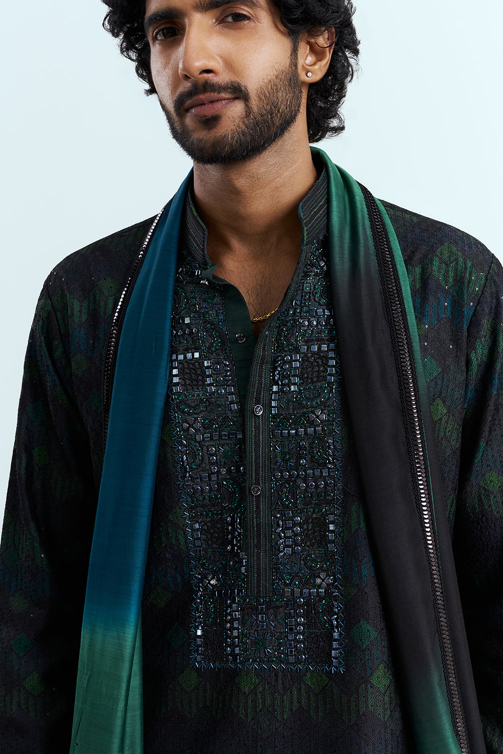 Black And Emerald Embroidered Men's Kurta Set