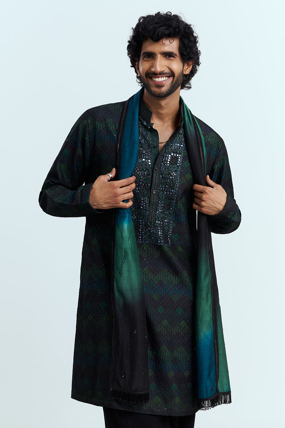 Black And Emerald Embroidered Men's Kurta Set