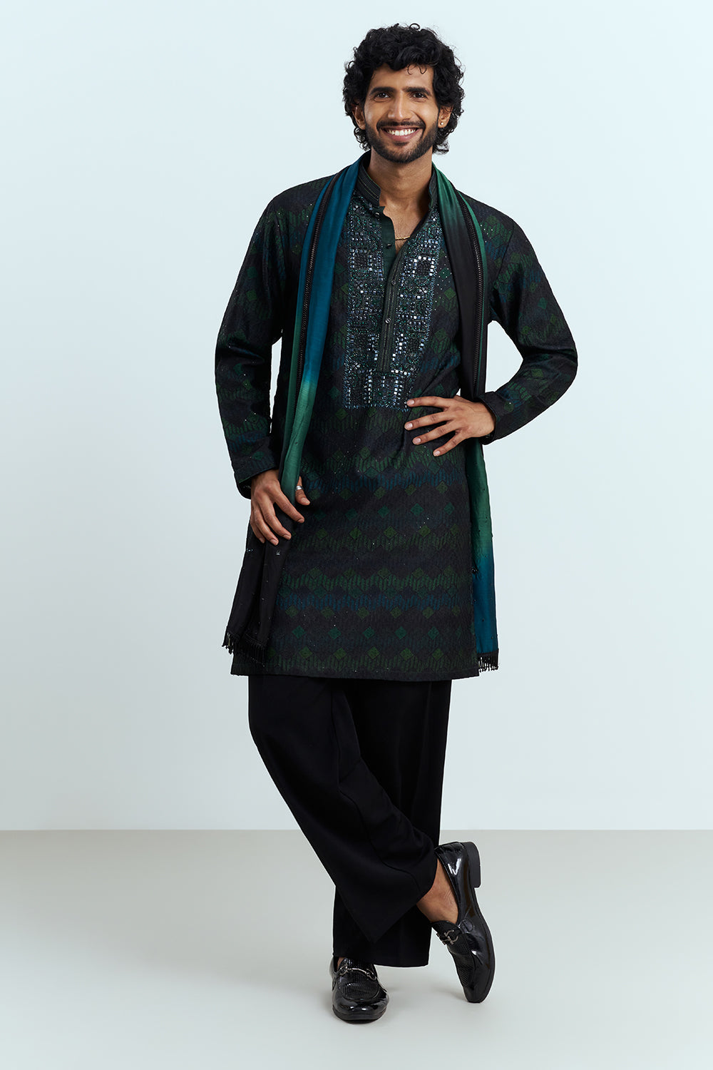 Black And Emerald Embroidered Men's Kurta Set