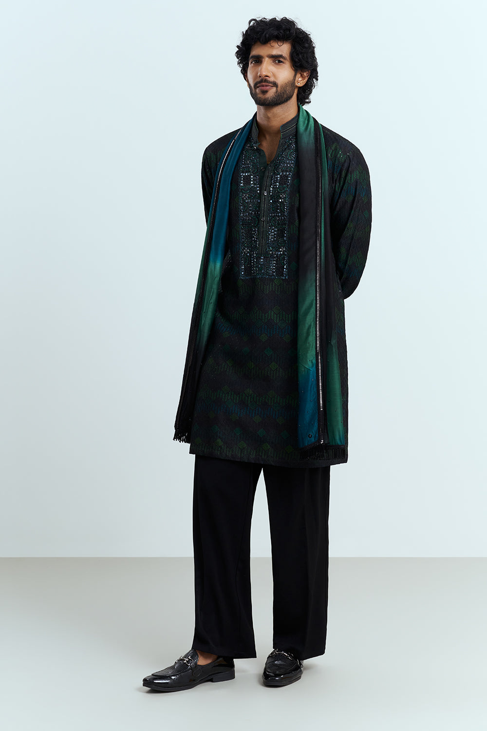 Black And Emerald Embroidered Men's Kurta Set